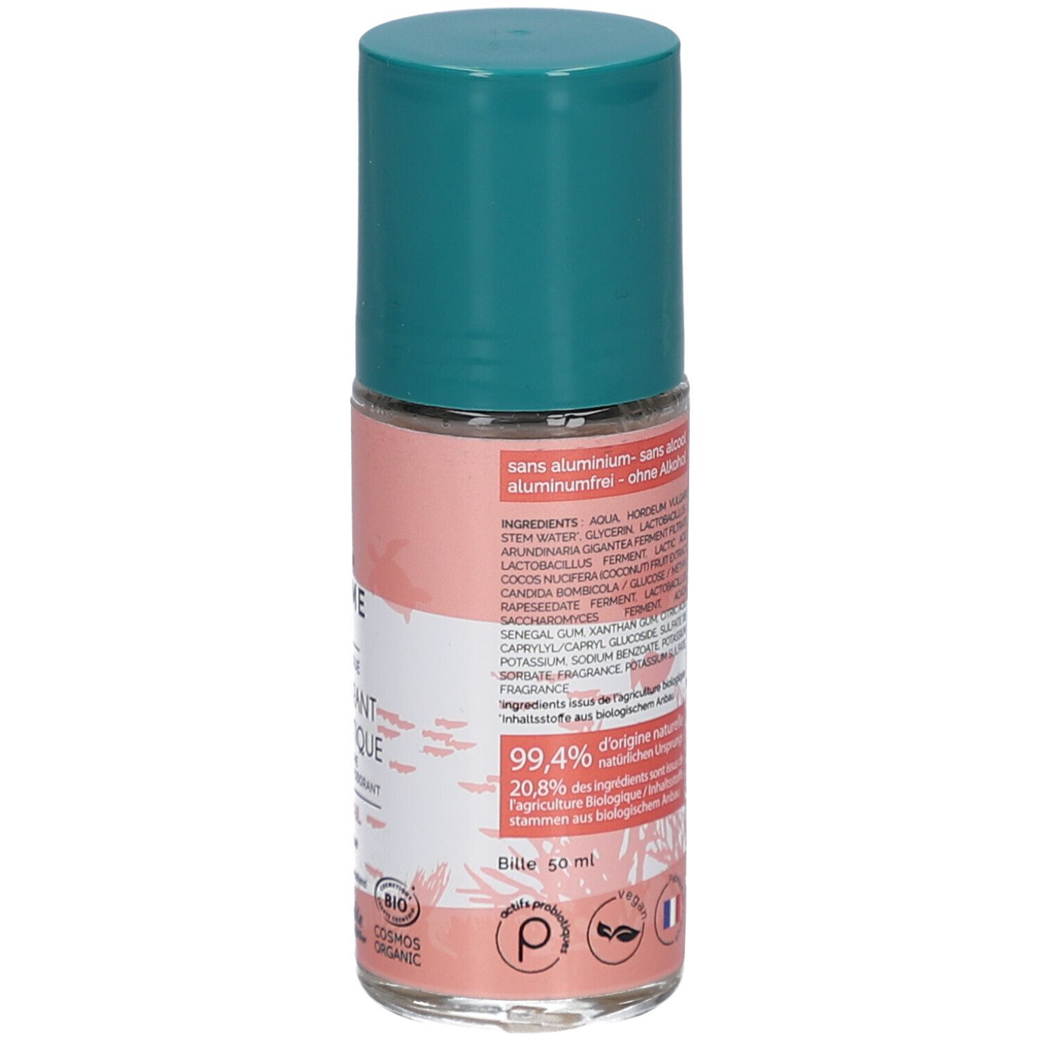 Achterkant van de roll-on deodorant. Opschrift: Ingrediënten, zonder aluminium, 99,4% natuurlijke oorsprong, 50 ml.