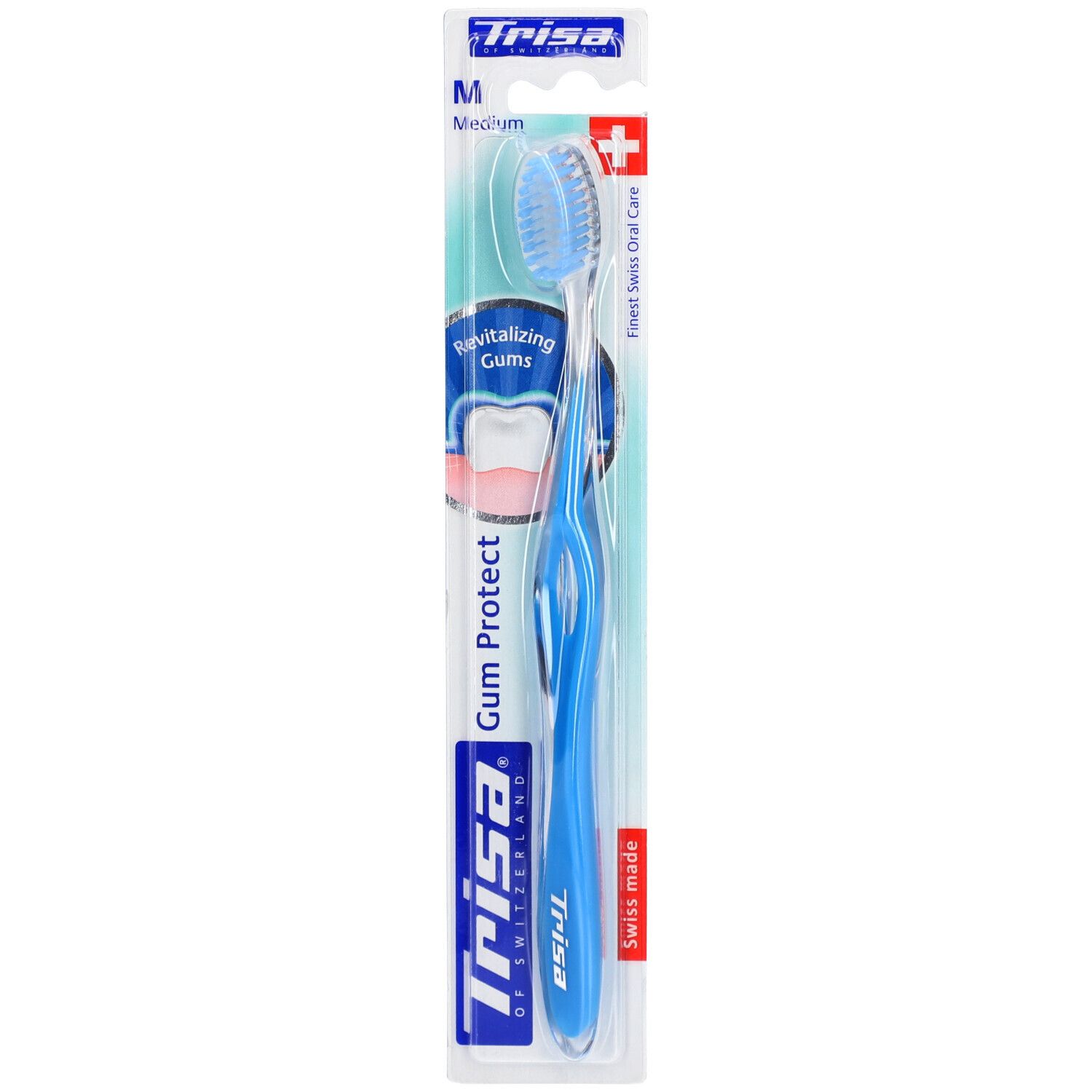 Brosse à dents bleue avec tête de brosse bleue dans son emballage. Inscriptions : Trisa, Gum Protect, Medium.