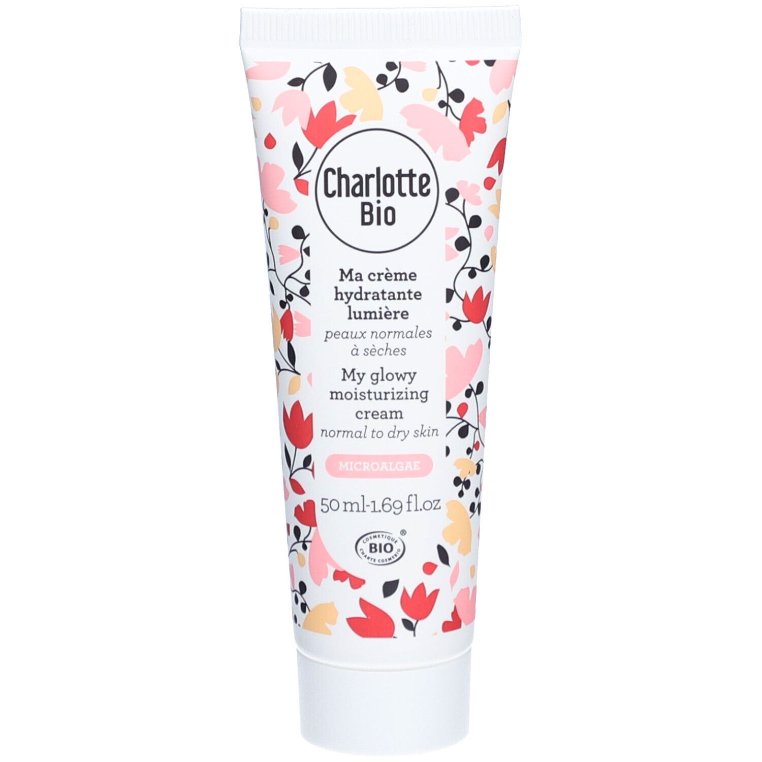 Crèmetube met bloemenpatroon en opschrift Charlotte Bio. Bevat tekst in het Frans en Engels.