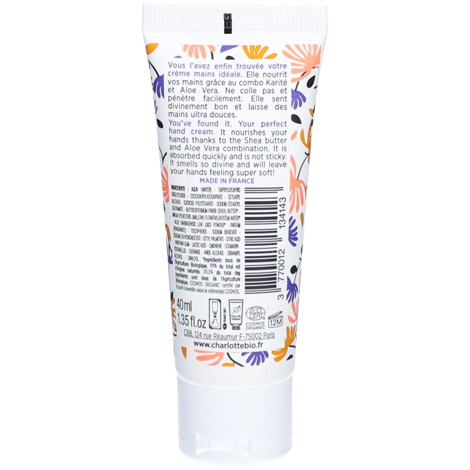 Achterkant van de crèmetube. Tekst en ingrediënten. Opschrift: Charlotte Bio. Bio-label. 40ml.