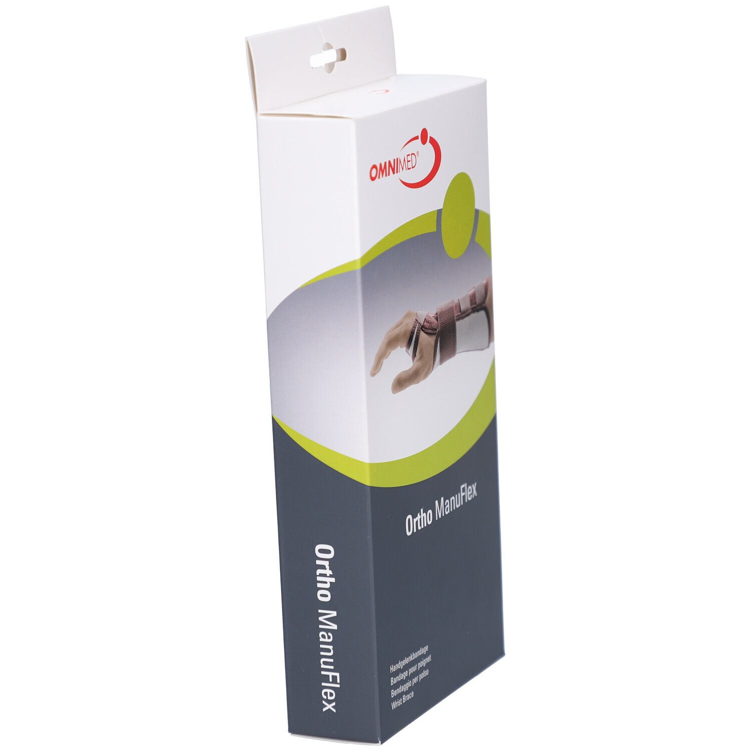 Smalle, langwerpige verpakking van de polsbrace Ortho ManuFlex. OMNIMED logo. Zijaanzicht. Tekst: Ortho ManuFlex.