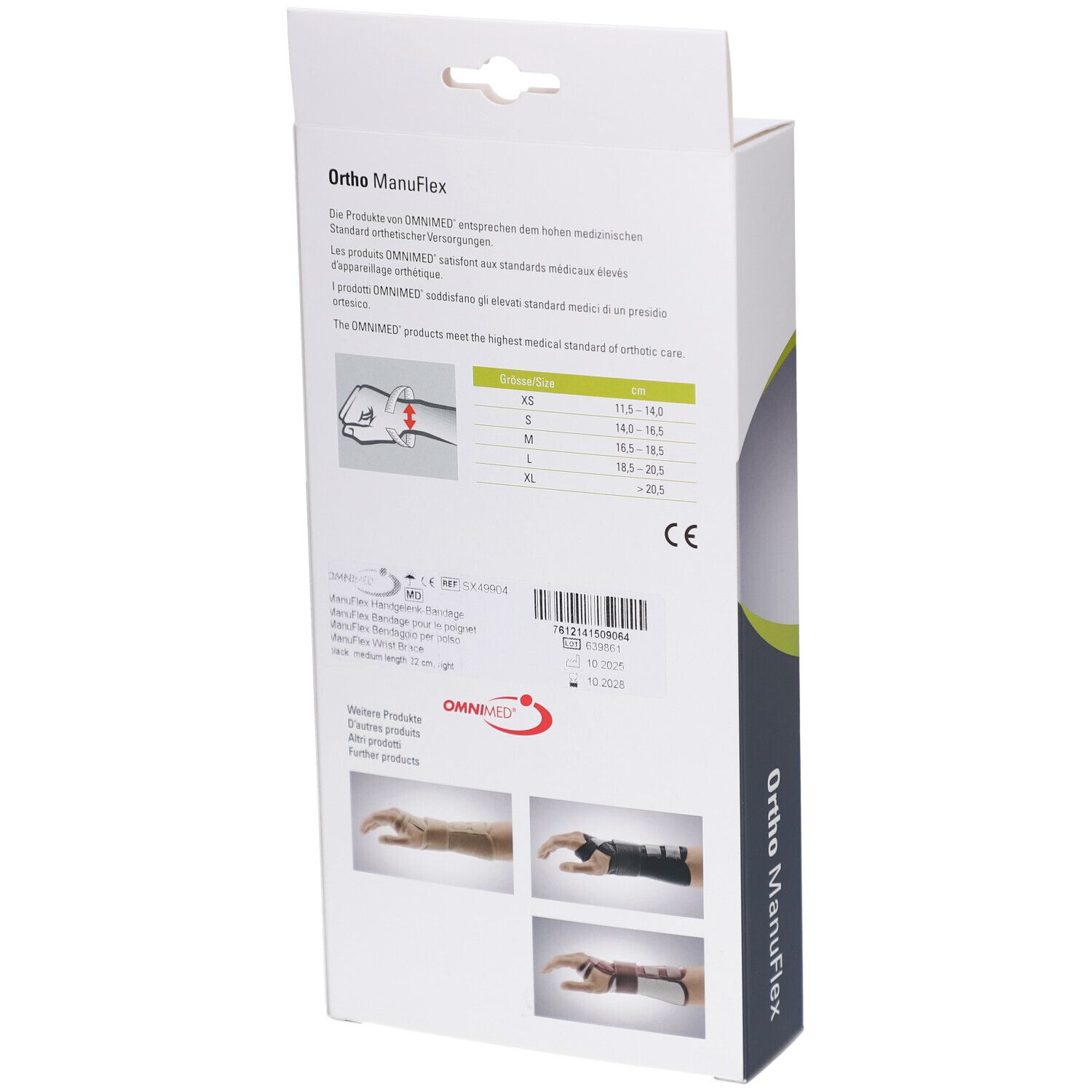 Achterkant van de verpakking van de polsbrace Ortho ManuFlex. Tekst: Maten, CE-markering, OMNIMED logo. Productafbeeldingen.