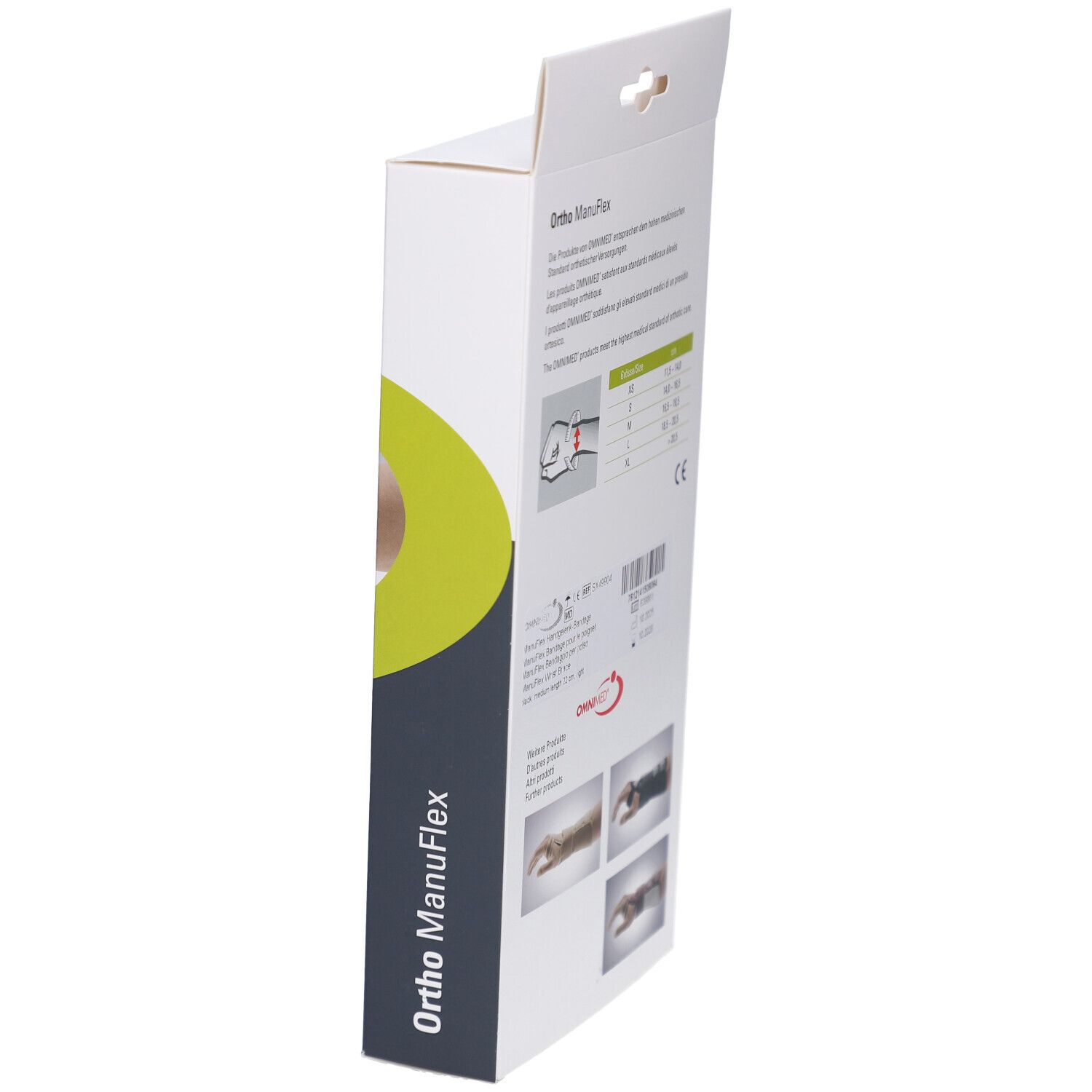 Zijaanzicht van de verpakking van de polsbrace Ortho ManuFlex. Tekst: Maten, OMNIMED logo. Productafbeeldingen.