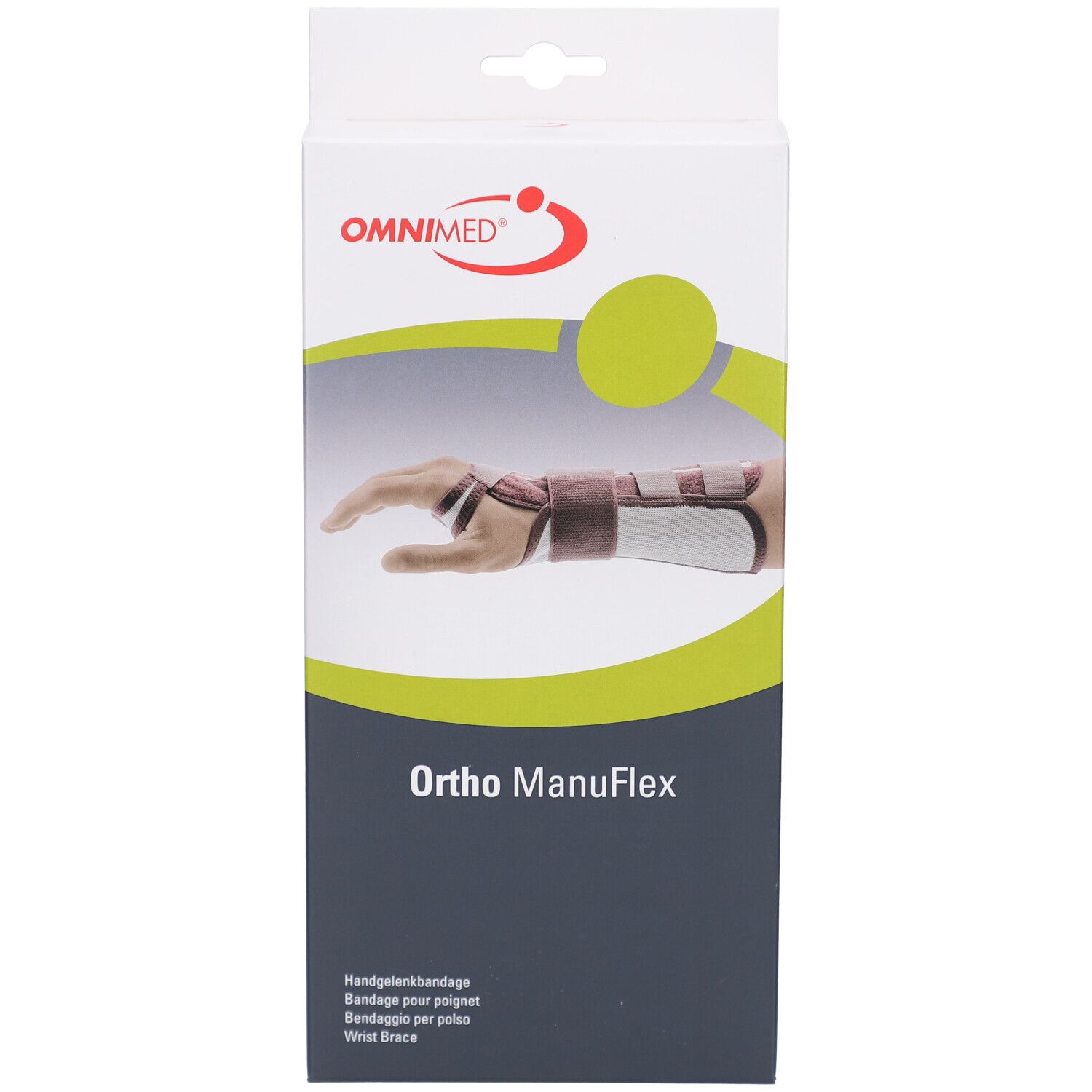 Verpakking van de polsbrace Ortho ManuFlex. OMNIMED logo. Illustratie van een pols met brace. Tekst: Polsbrace.