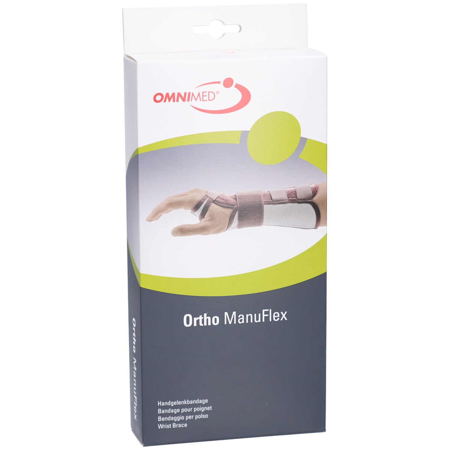 Verpakking van de polsbrace Ortho ManuFlex. OMNIMED logo. Illustratie van een pols met brace. Tekst: Polsbrace.