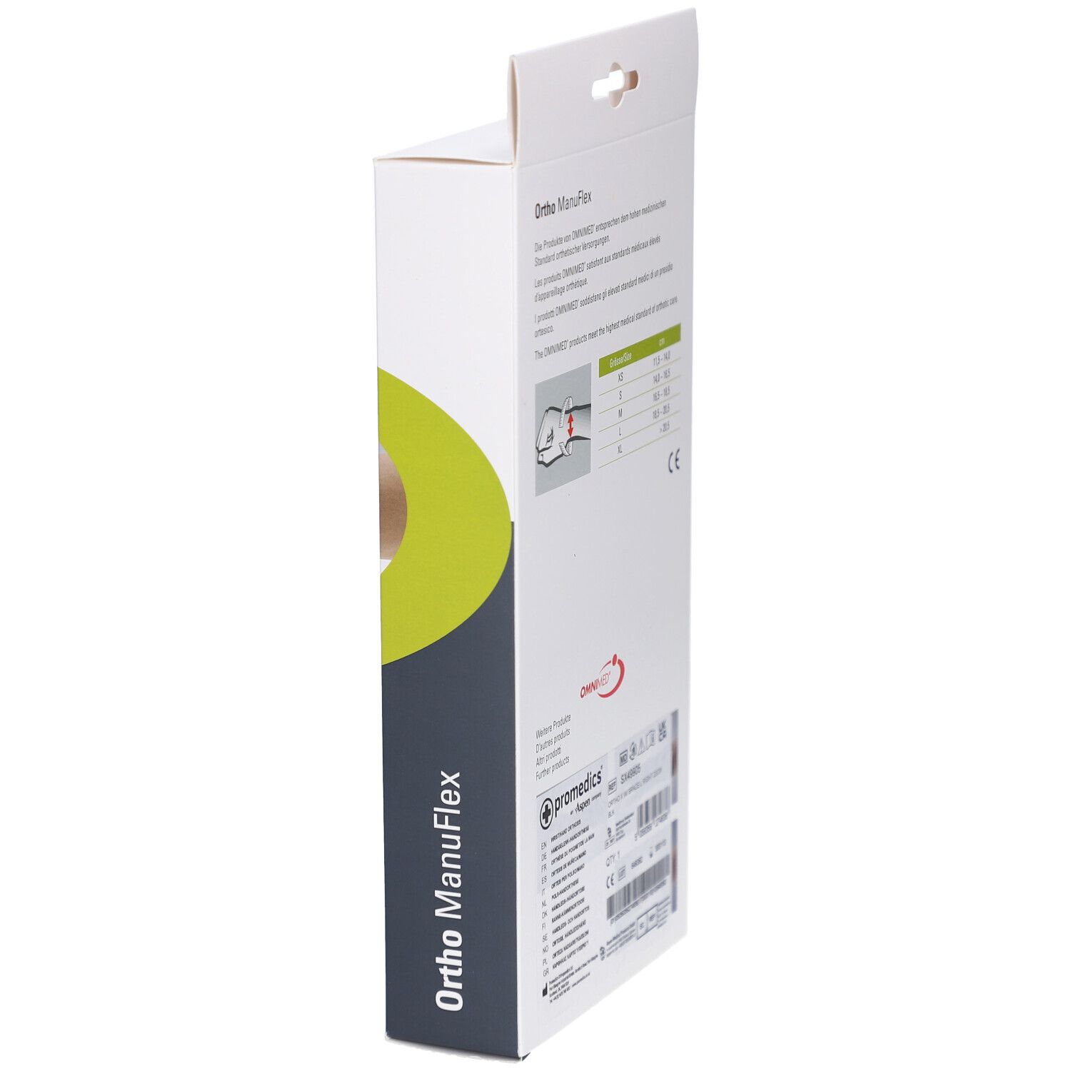 Smalle verpakking, Ortho ManuFlex. Achterkant met productinformatie en CE-markering. Meertalige tekst.
