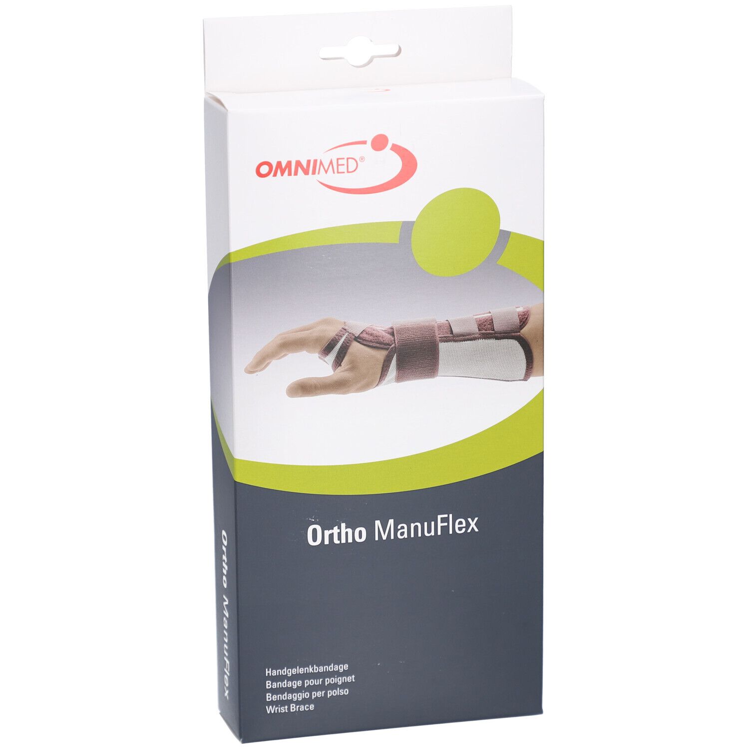 Verpakking van de Ortho ManuFlex polsbrace. OMNIMED logo. Illustratie van een pols met brace. Meertalige tekst.