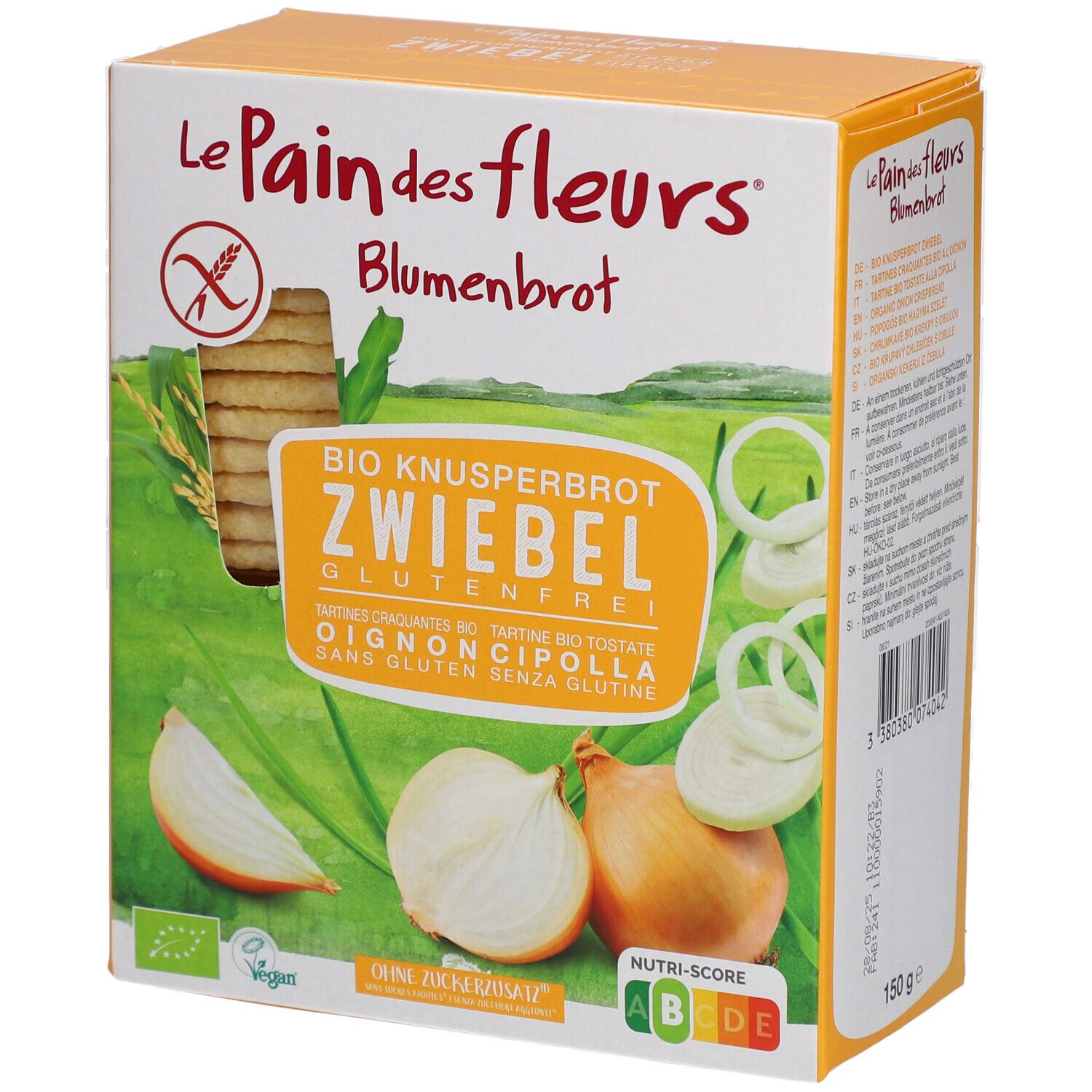 Verpakking van bloembrood met ui, glutenvrij, EU Bio. Uien en product zichtbaar.