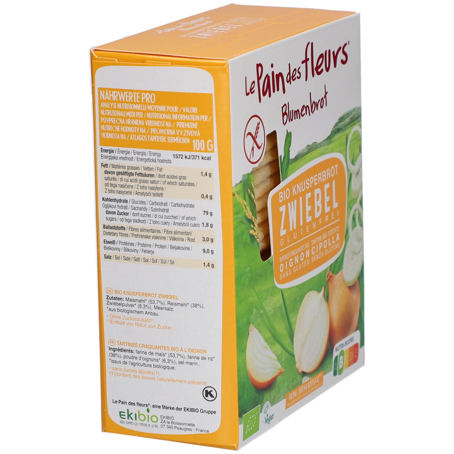 Zijaanzicht van de bloembroodverpakking. Voedingswaarde, ingrediënten en product zichtbaar.
