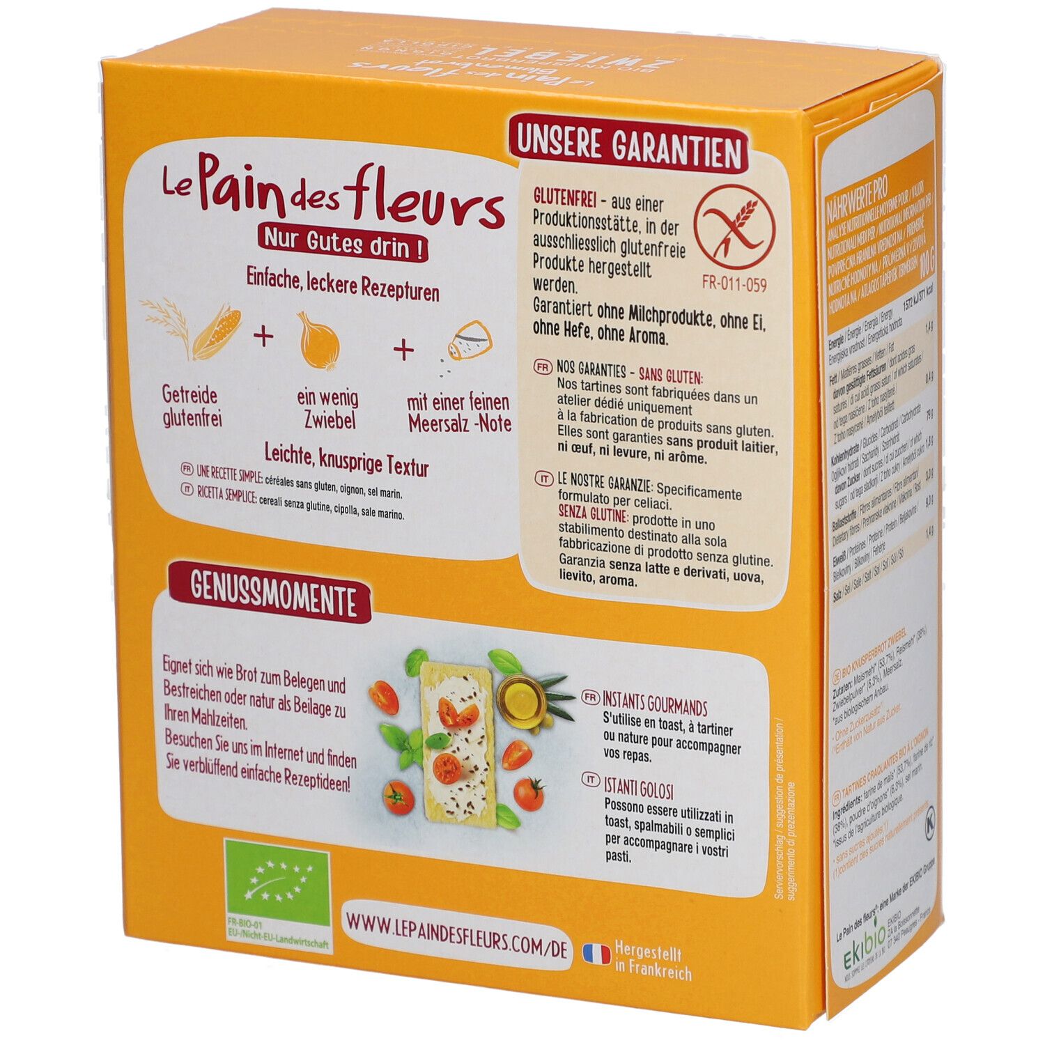 Achterkant van de bloembroodverpakking. Tekst over glutenvrije garantie en receptsuggesties.