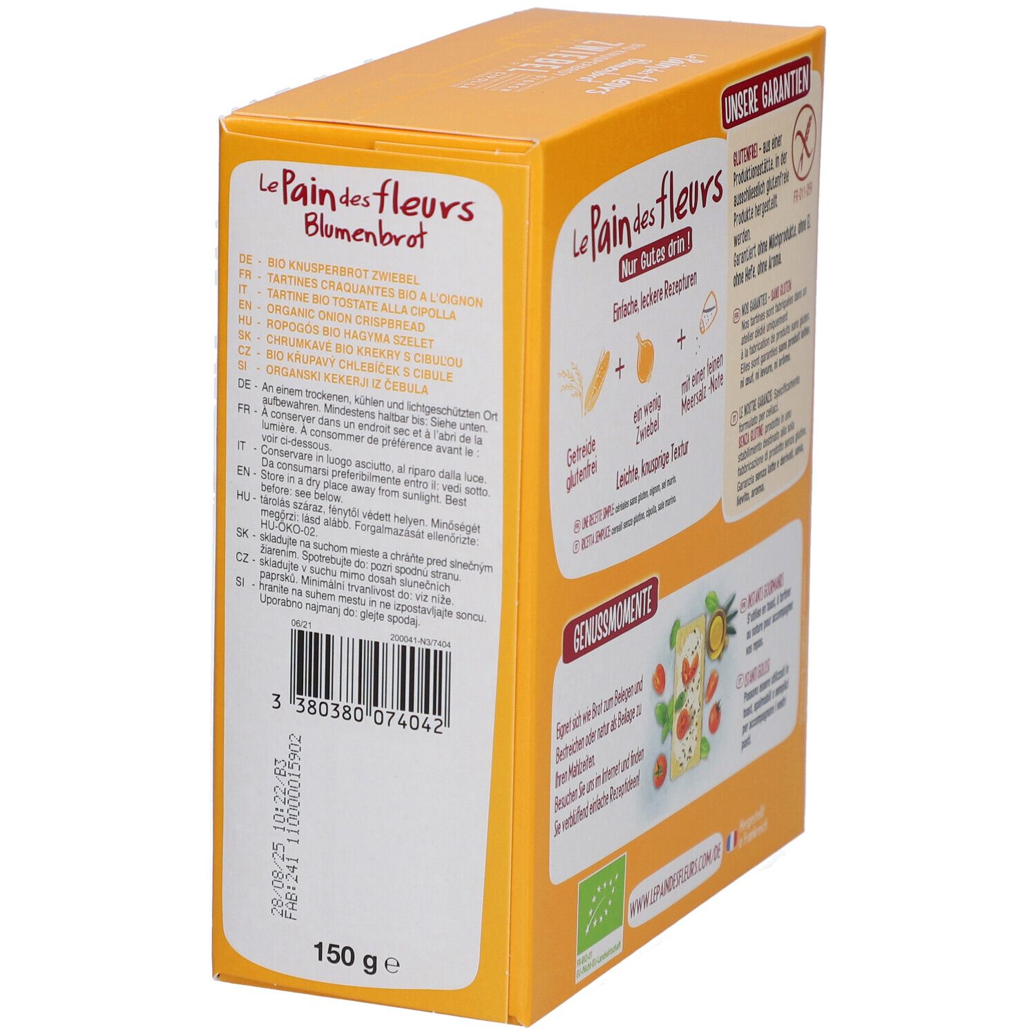 Schuine weergave van de bloembroodverpakking. Informatie over het product en de ingrediënten.