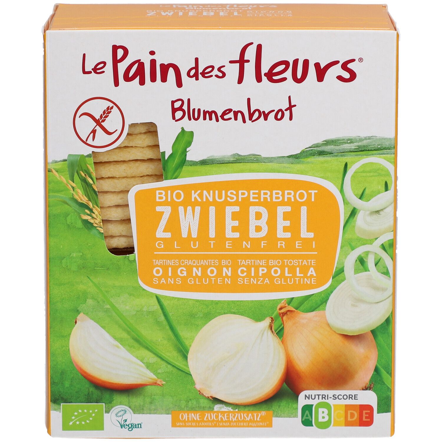 Vooraanzicht van de bloembroodverpakking. Product met ui, glutenvrij, EU Bio, Nutri-Score.
