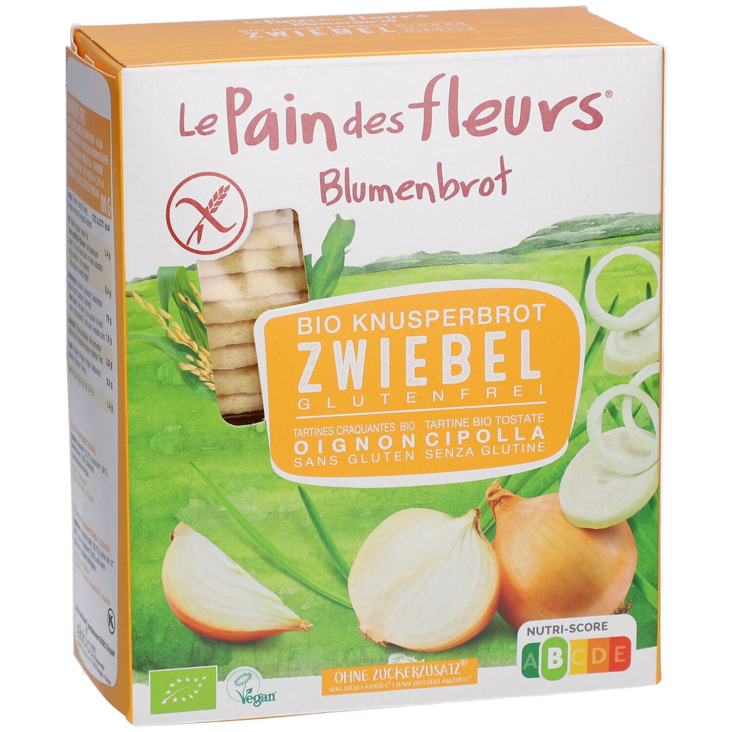 Vooraanzicht van de bloembroodverpakking. Product met ui, glutenvrij, EU Bio, Nutri-Score.