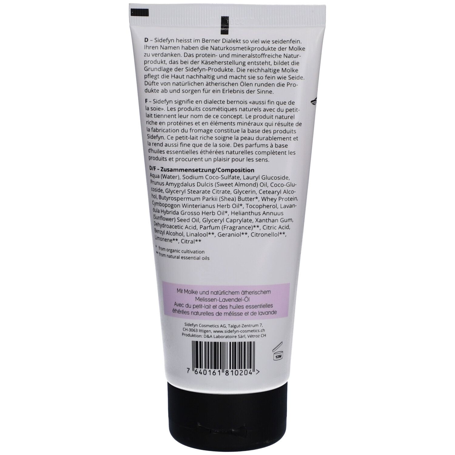 Achterkant van de tube Sidefyn douchecrème. Tekst in het Duits, Frans en Engels. Ingrediënten en fabrikantinfo.