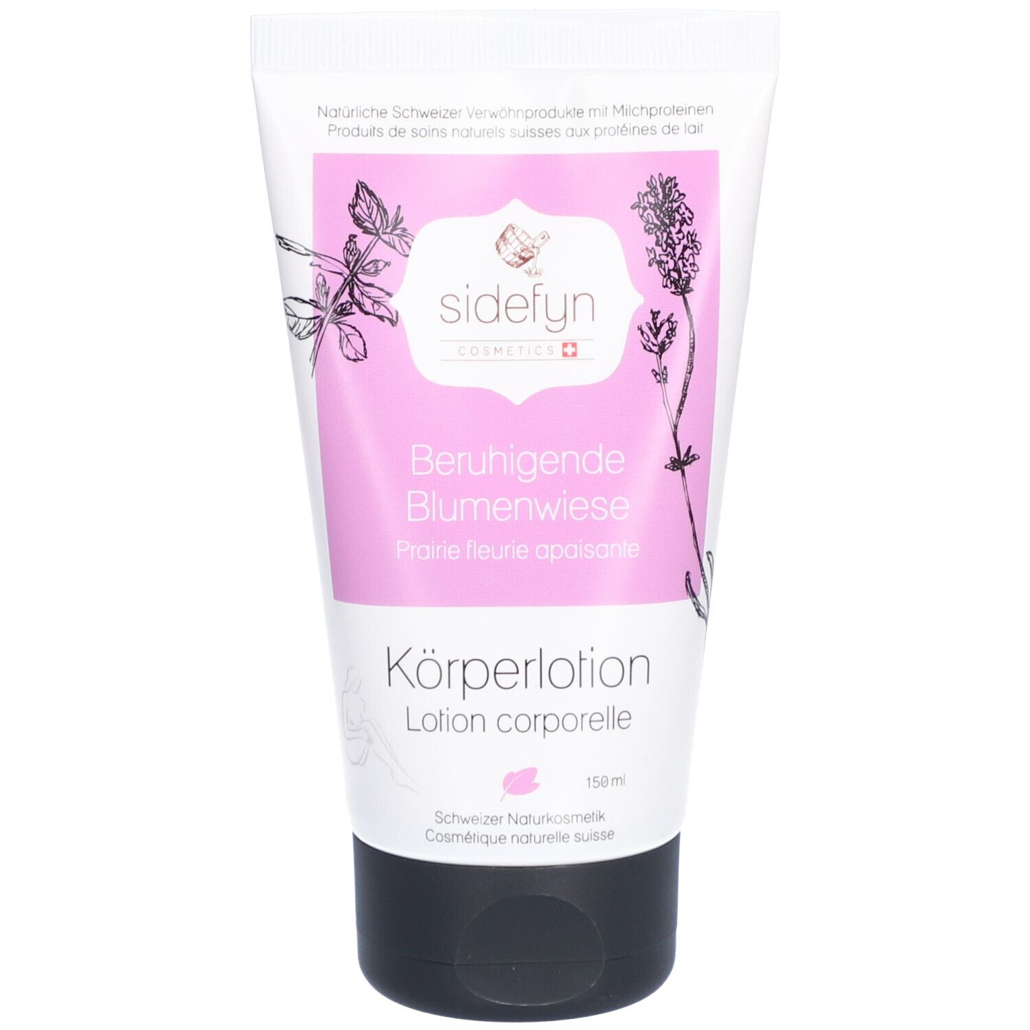 Witte tube met roze etiket. Tekst: SIDEFYN, Rustgevende bloemenweide, Bodylotion. Illustraties van bloemen en bladeren.