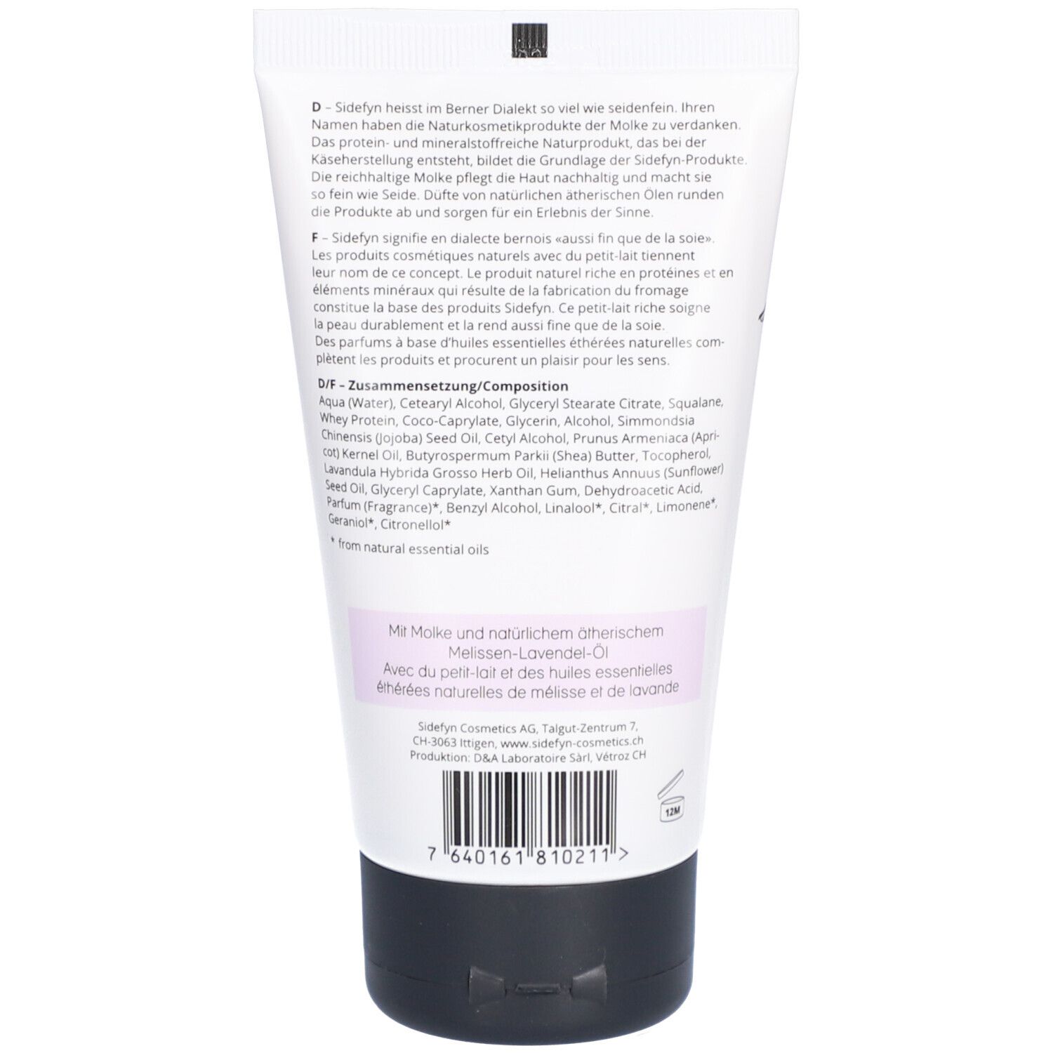 Achterkant van de tube. Tekst: SIDEFYN, ingrediënten, beschrijving. Streepjescode en logo.
