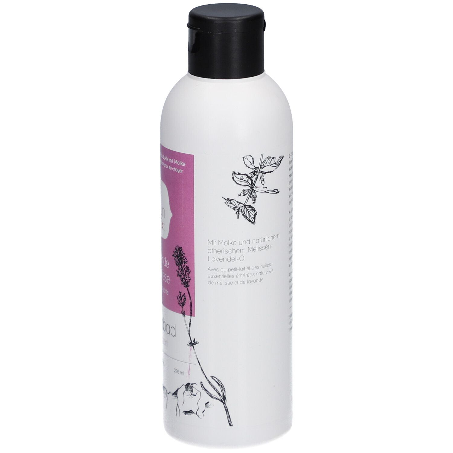 Witte fles met zwarte dop. Roze etiket met productnaam en logo. Illustraties van bloemen en bergen.