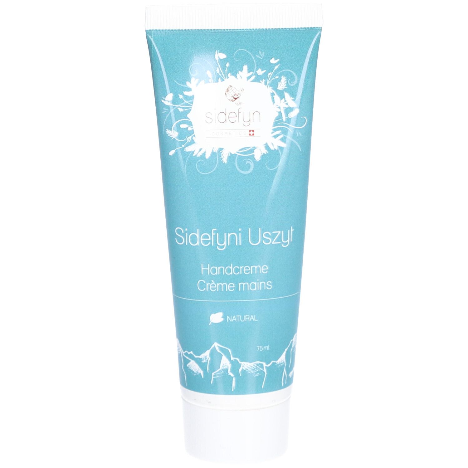 Tube turquoise avec bouchon blanc. Inscription : Sidefyn, Handcreme, Crème mains. Logo avec motif montagne.