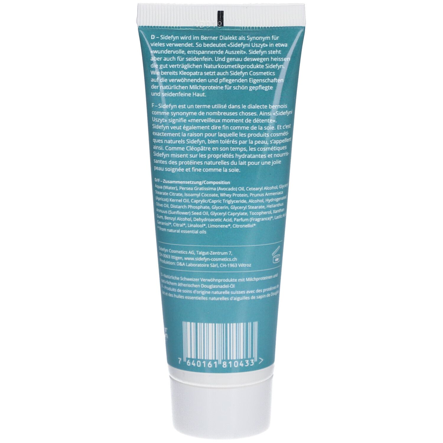 Dos du tube. Texte en allemand, français et anglais. Code-barres en bas.
