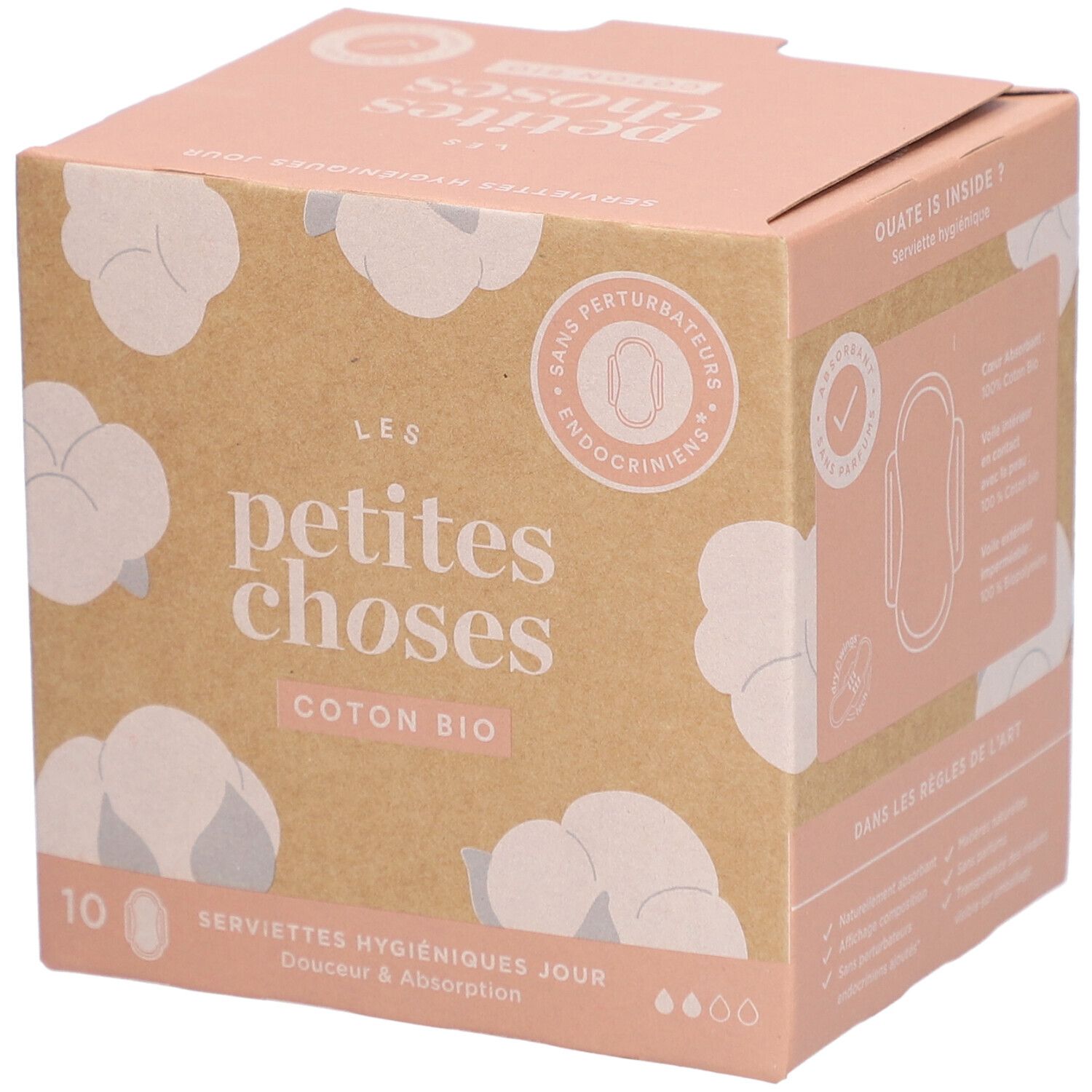 Boîte de serviettes hygiéniques en coton bio. Logo, nom du produit, illustrations de coton, 10 unités, absorption.