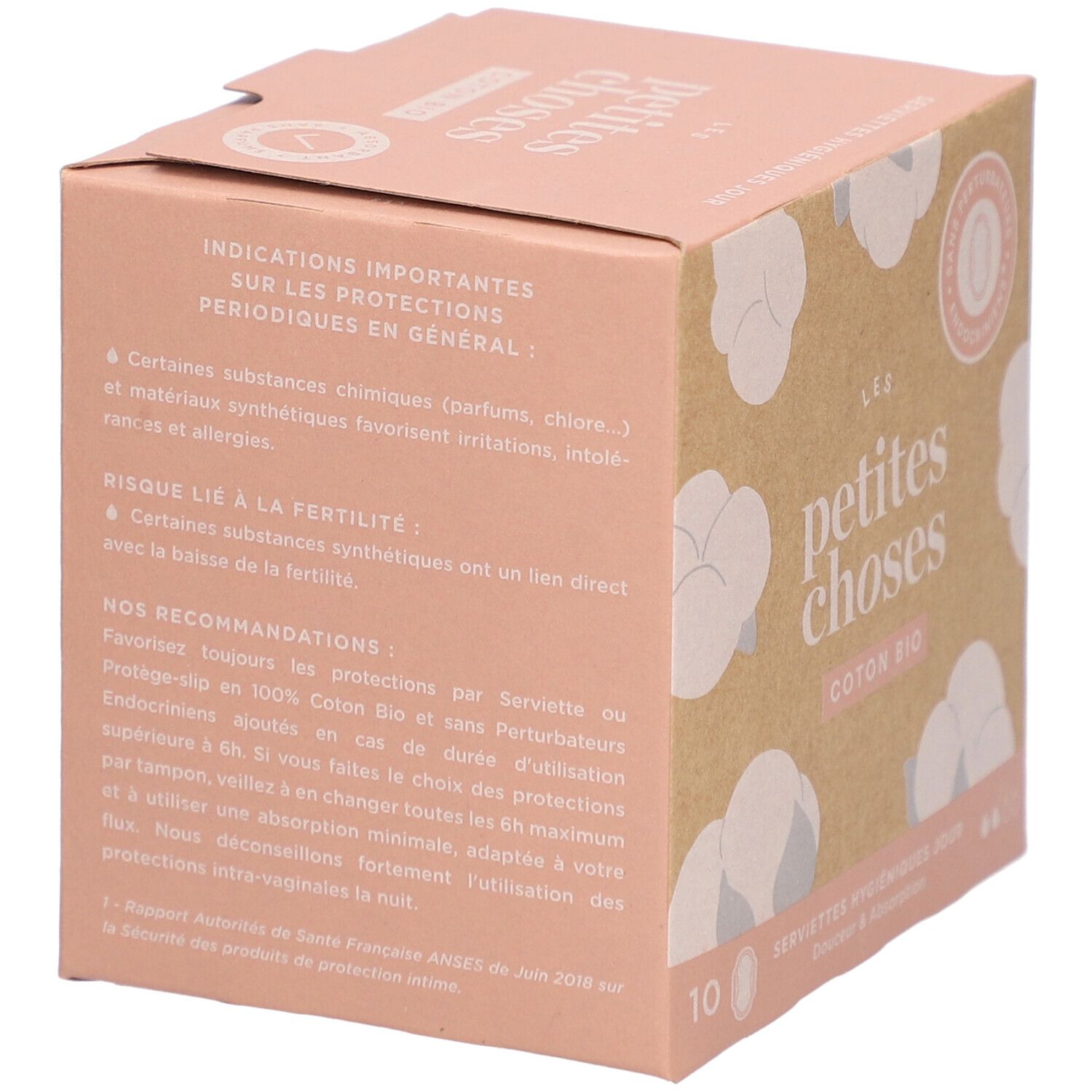 Boîte de serviettes hygiéniques. Texte: Informations importantes sur les protections périodiques. Risques et recommandations. 10 unités.