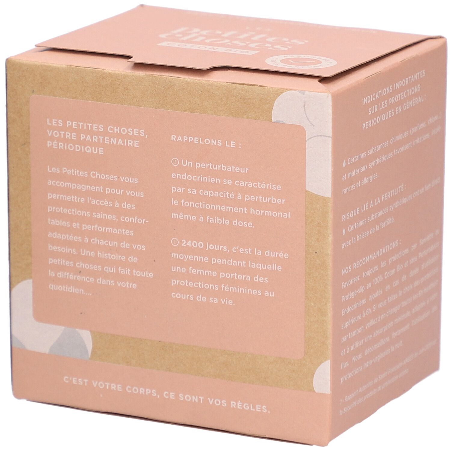 Boîte de serviettes hygiéniques. Texte: Les Petites Choses, votre partenaire périodique. Informations sur le produit et ses avantages.