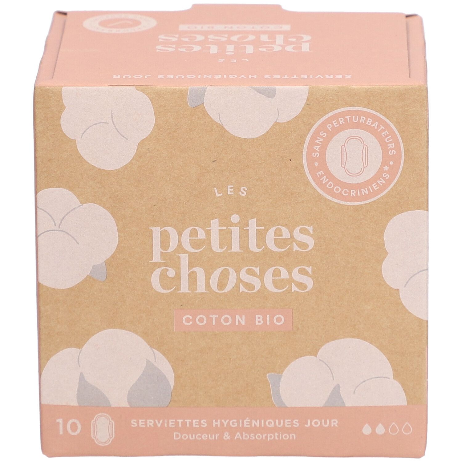 Boîte de serviettes hygiéniques en coton bio. Logo, nom du produit, illustrations de coton, 10 unités, absorption.