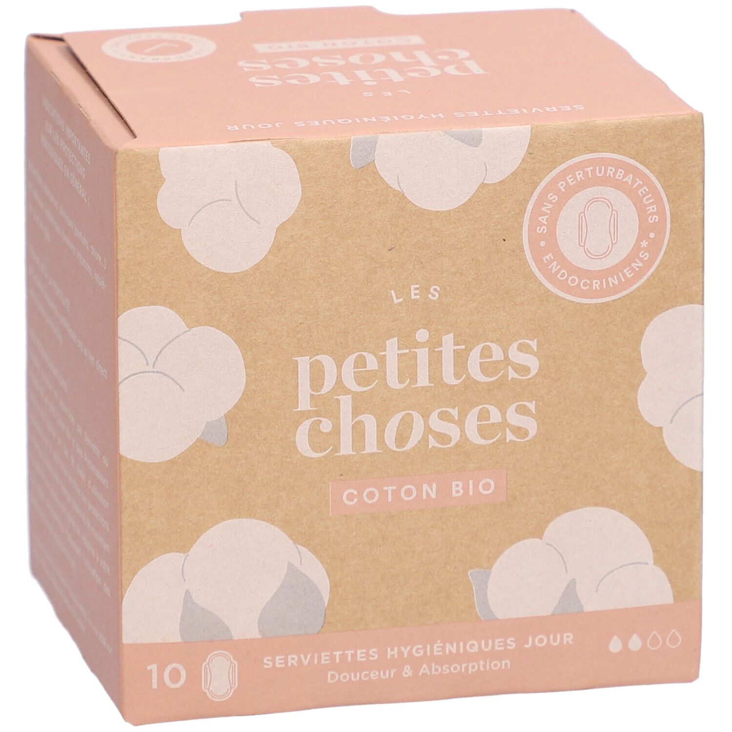 Boîte de serviettes hygiéniques en coton bio. Logo, nom du produit, illustrations de coton, 10 unités, absorption.