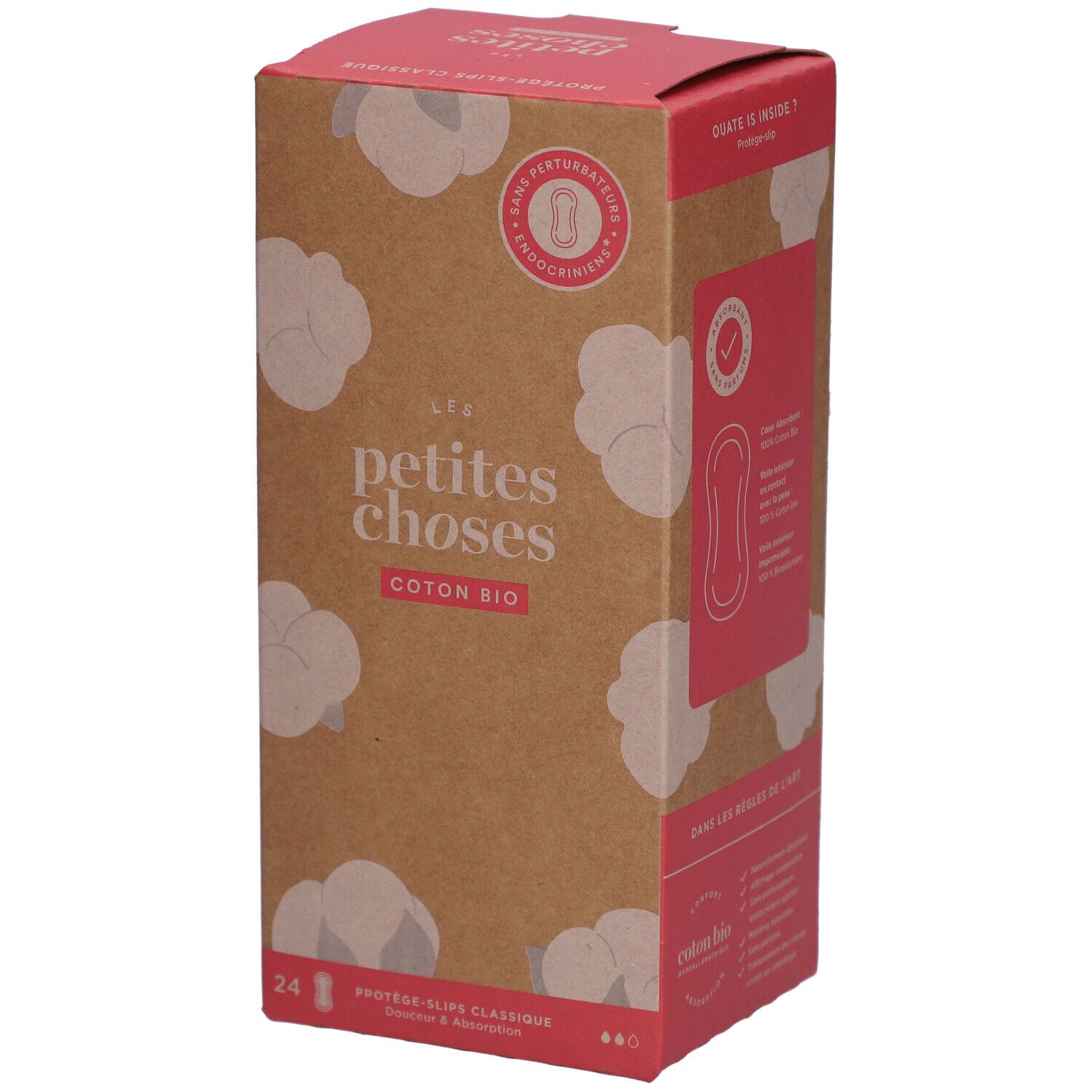 Boîte en carton "LES PETITES CHOSES" et "COTON BIO". 24 protège-slips. Illustrations de coton.