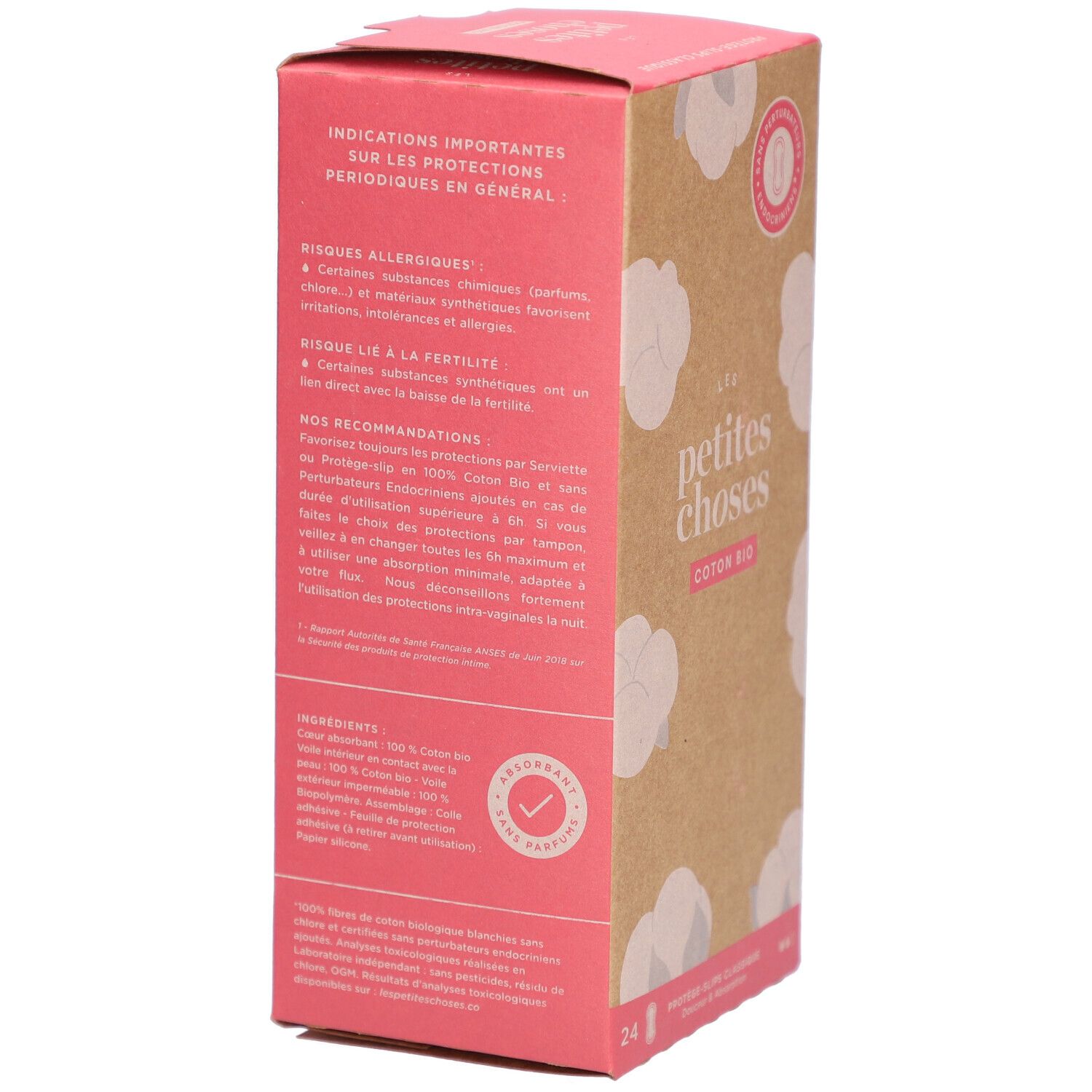 Boîte en carton avec texte sur les ingrédients et recommandations. "LES PETITES CHOSES" et "COTON BIO".