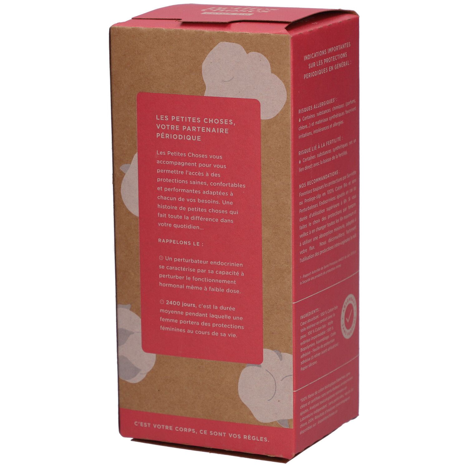 Boîte en carton avec texte sur la marque et recommandations. "LES PETITES CHOSES" et "COTON BIO".