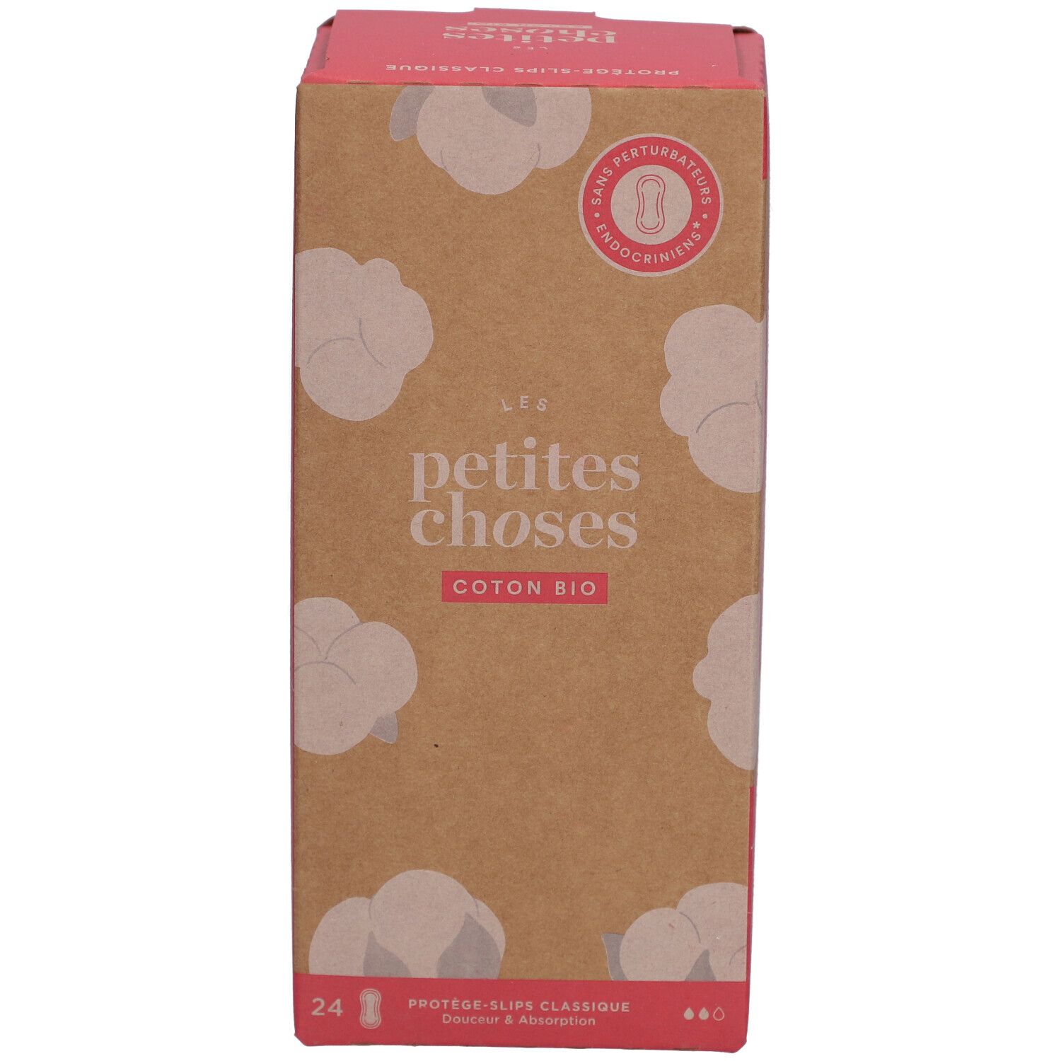 Boîte en carton "LES PETITES CHOSES" et "COTON BIO". 24 protège-slips. Illustrations de coton.