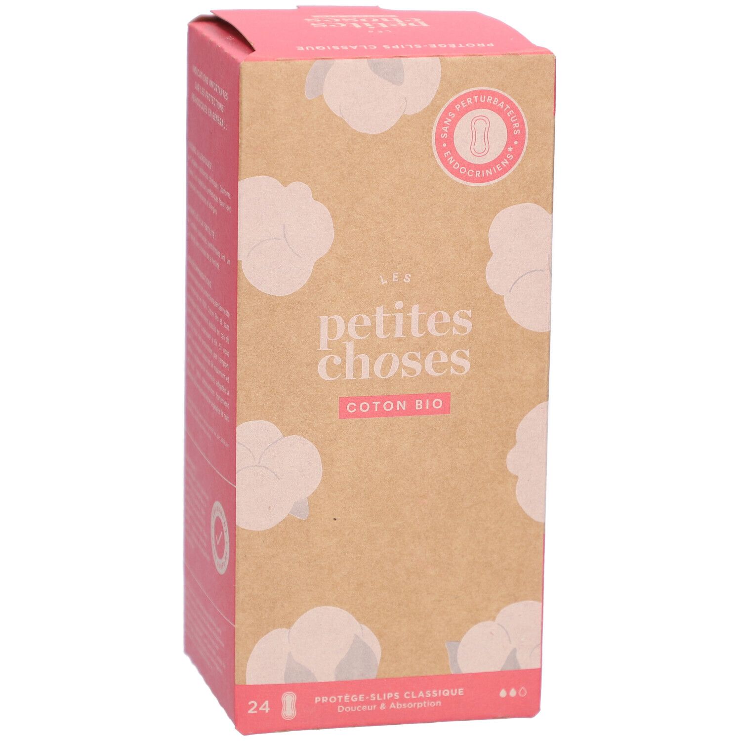 Boîte en carton "LES PETITES CHOSES" et "COTON BIO". 24 protège-slips. Illustrations de coton.
