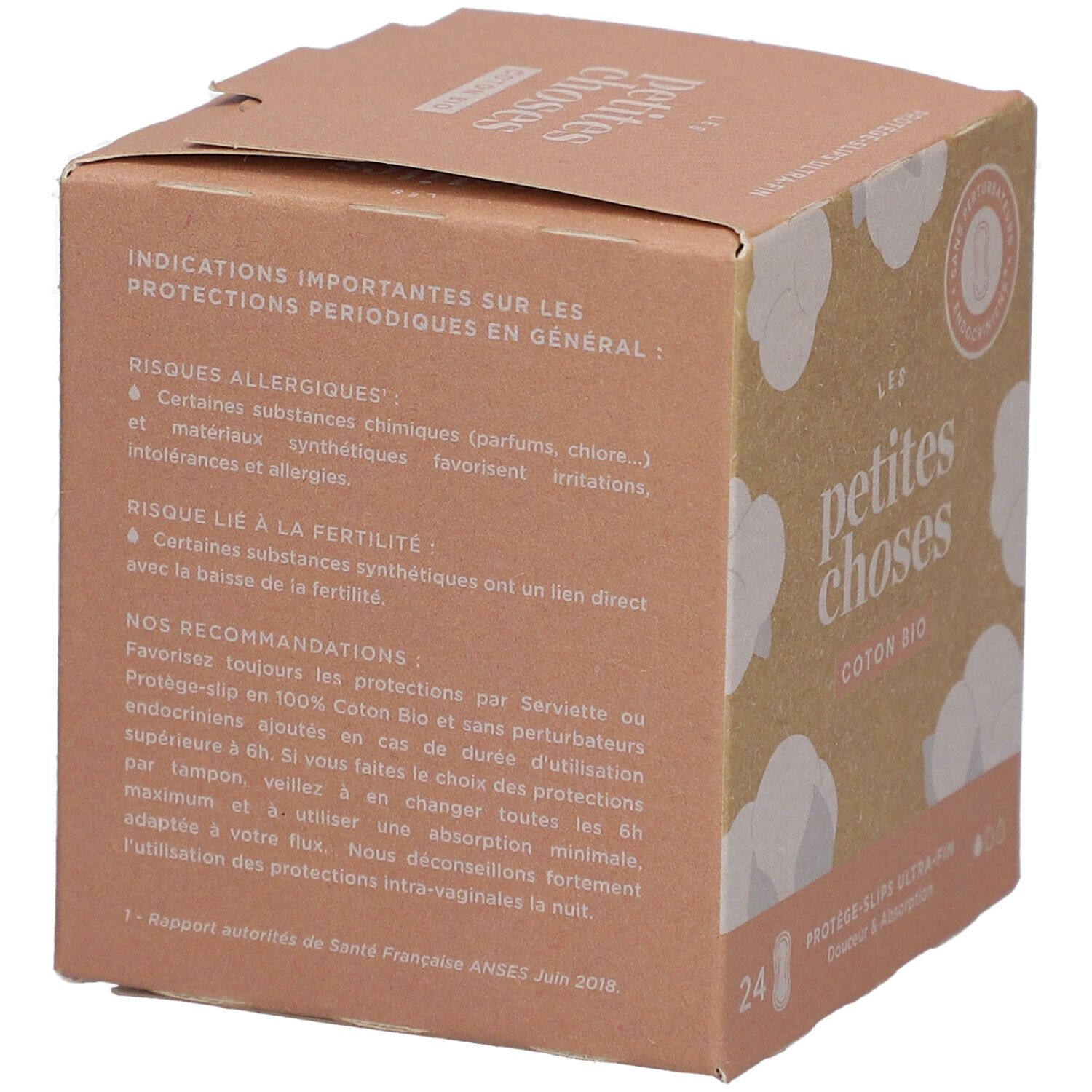 Boîte en carton avec texte sur les risques et recommandations. 'LES PETITES CHOSES' et 'Coton Bio' sont visibles.