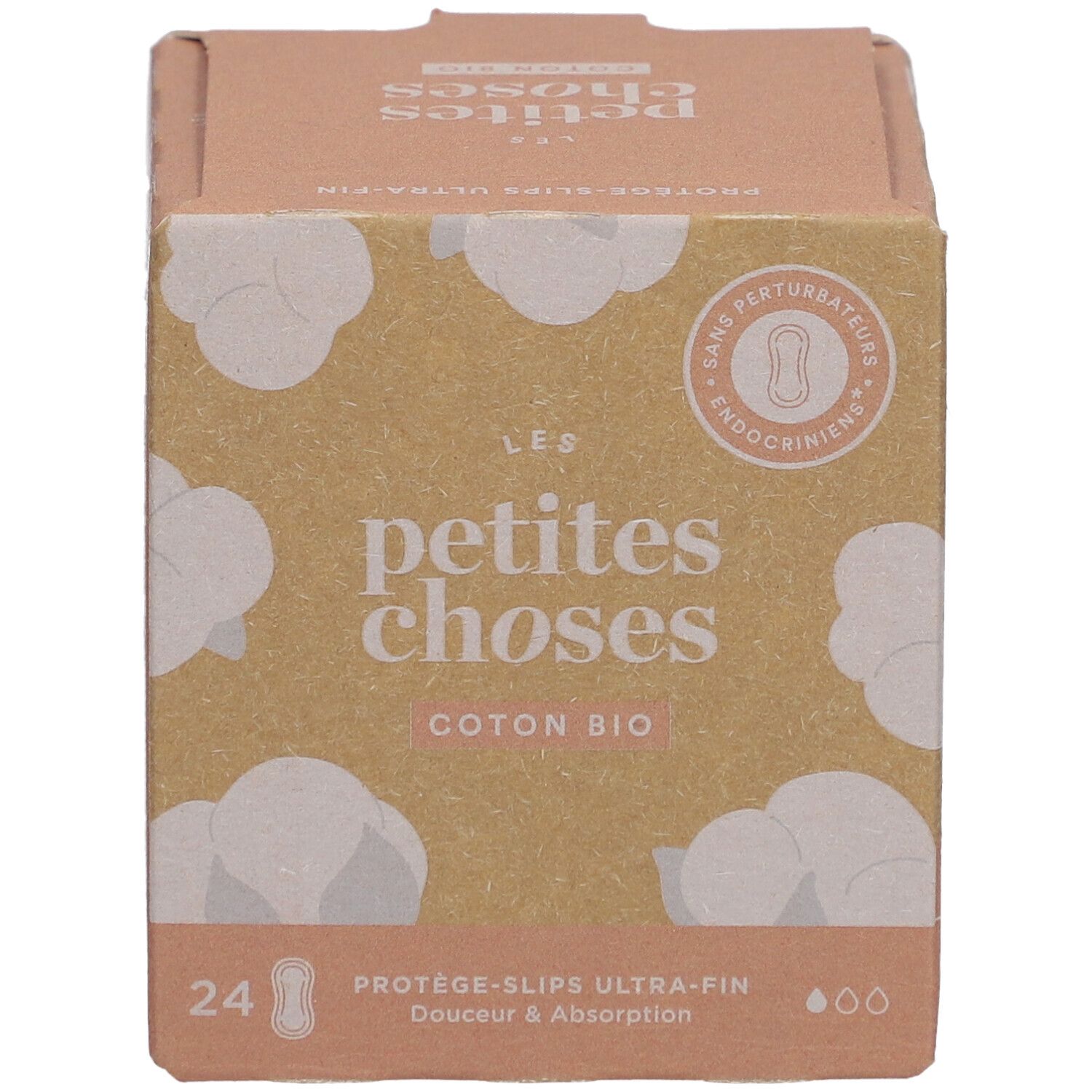Boîte en carton 'LES PETITES CHOSES', 'Coton Bio' et 24 protège-slips. Logo 'Sans perturbateurs endocriniens'.