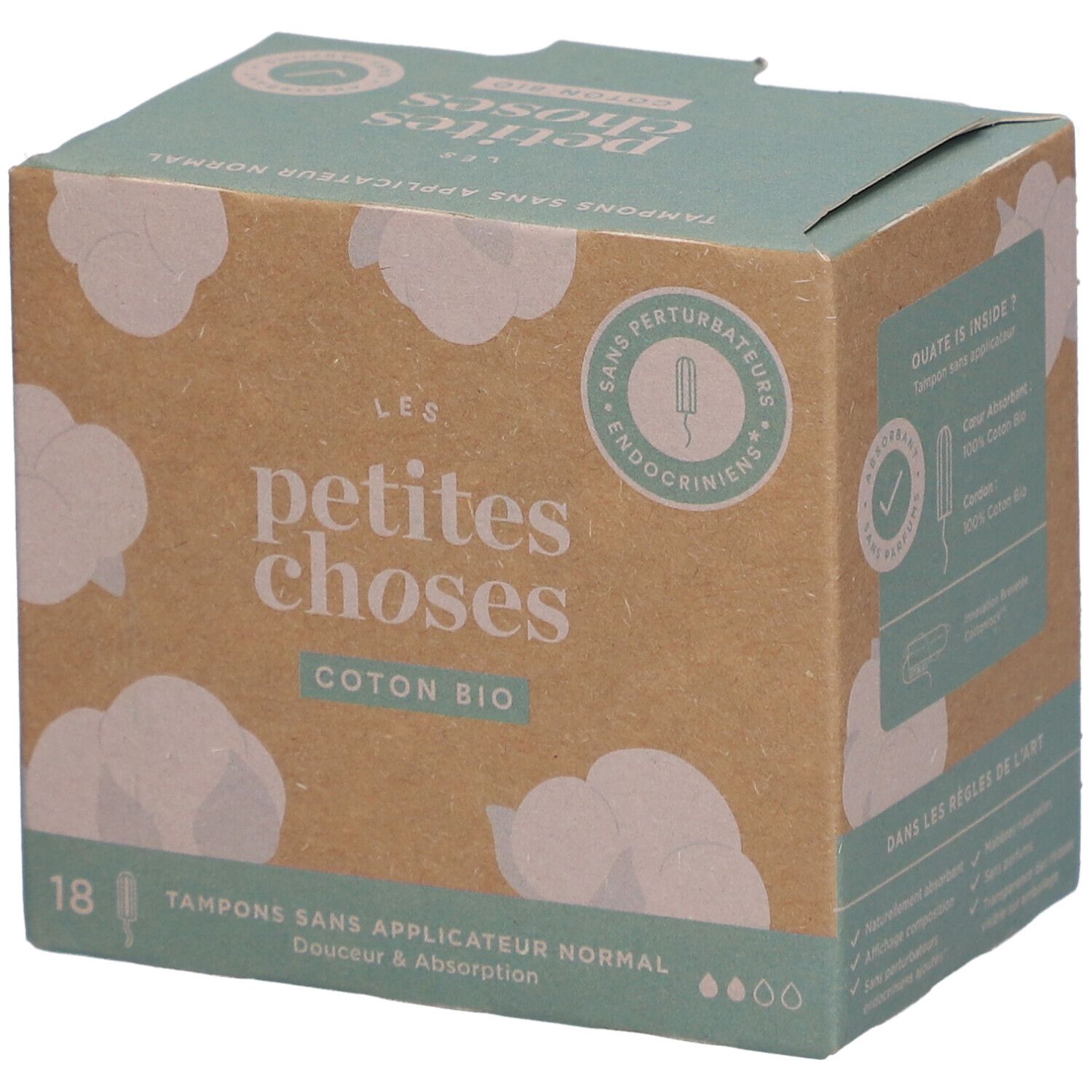 Boîte de tampons sans applicateur. Inscription: LES PETITES CHOSES, Coton Bio. 18 tampons. Design nuages de coton.