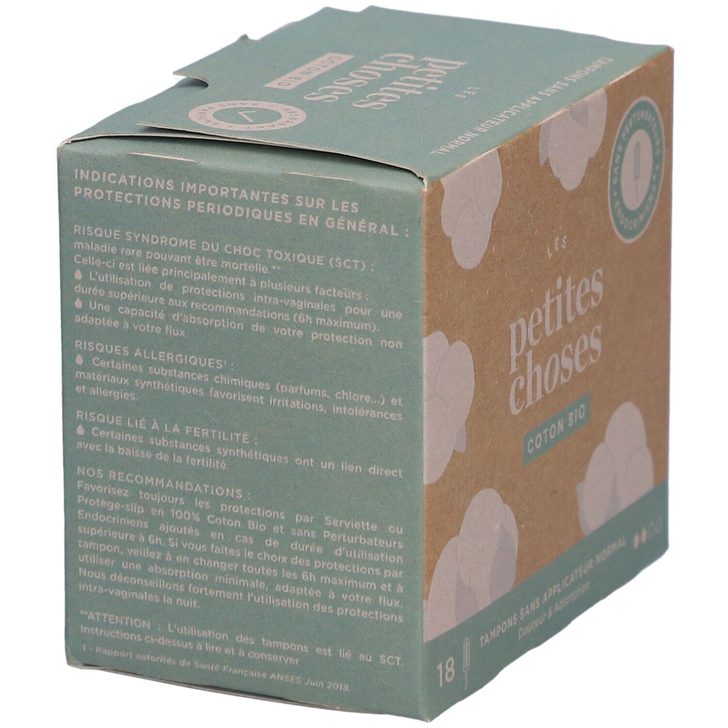 Boîte de tampons sans applicateur. Texte: Informations importantes sur les protections périodiques. Ingrédients, risques, recommandations.