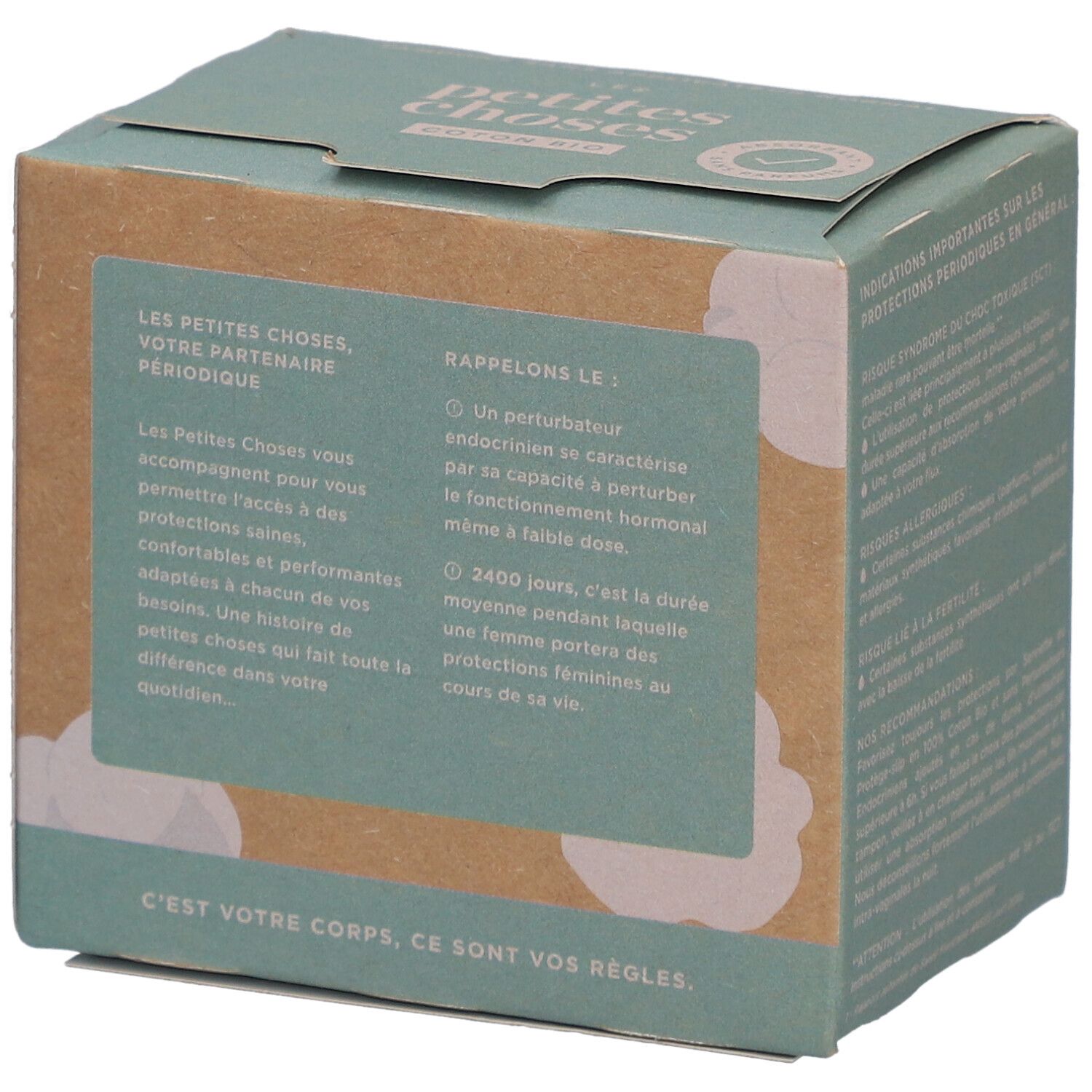 Boîte de tampons sans applicateur. Texte: LES PETITES CHOSES, votre partenaire pour la protection menstruelle. Informations et citations.