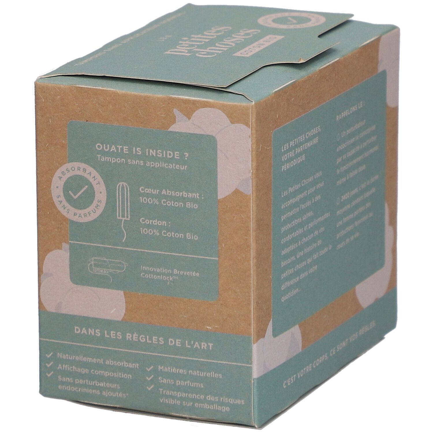 Boîte de tampons sans applicateur. Texte: Coton à l'intérieur. Cœur absorbant et cordon en 100% coton bio.