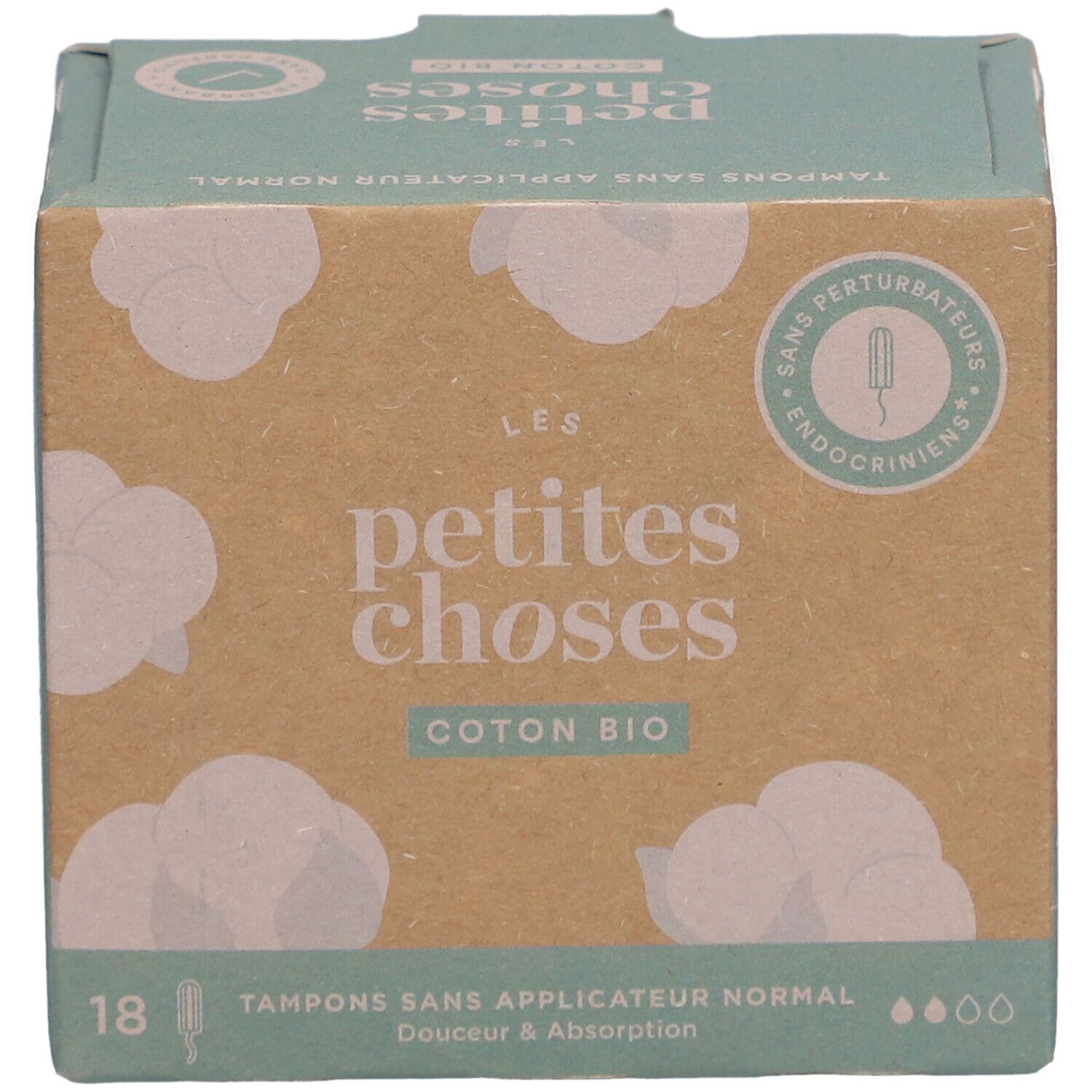 Boîte de tampons sans applicateur. Inscription: LES PETITES CHOSES, Coton Bio. 18 tampons. Design nuages de coton.