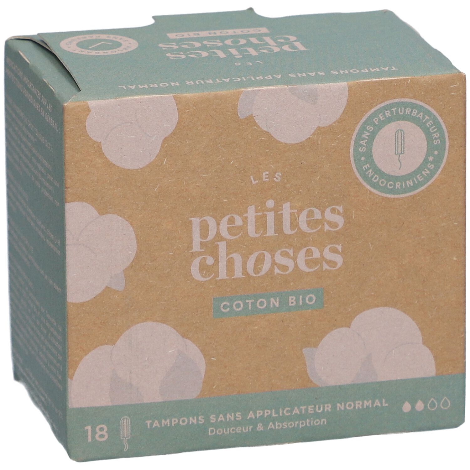 Boîte de tampons sans applicateur. Inscription: LES PETITES CHOSES, Coton Bio. 18 tampons. Design nuages de coton.