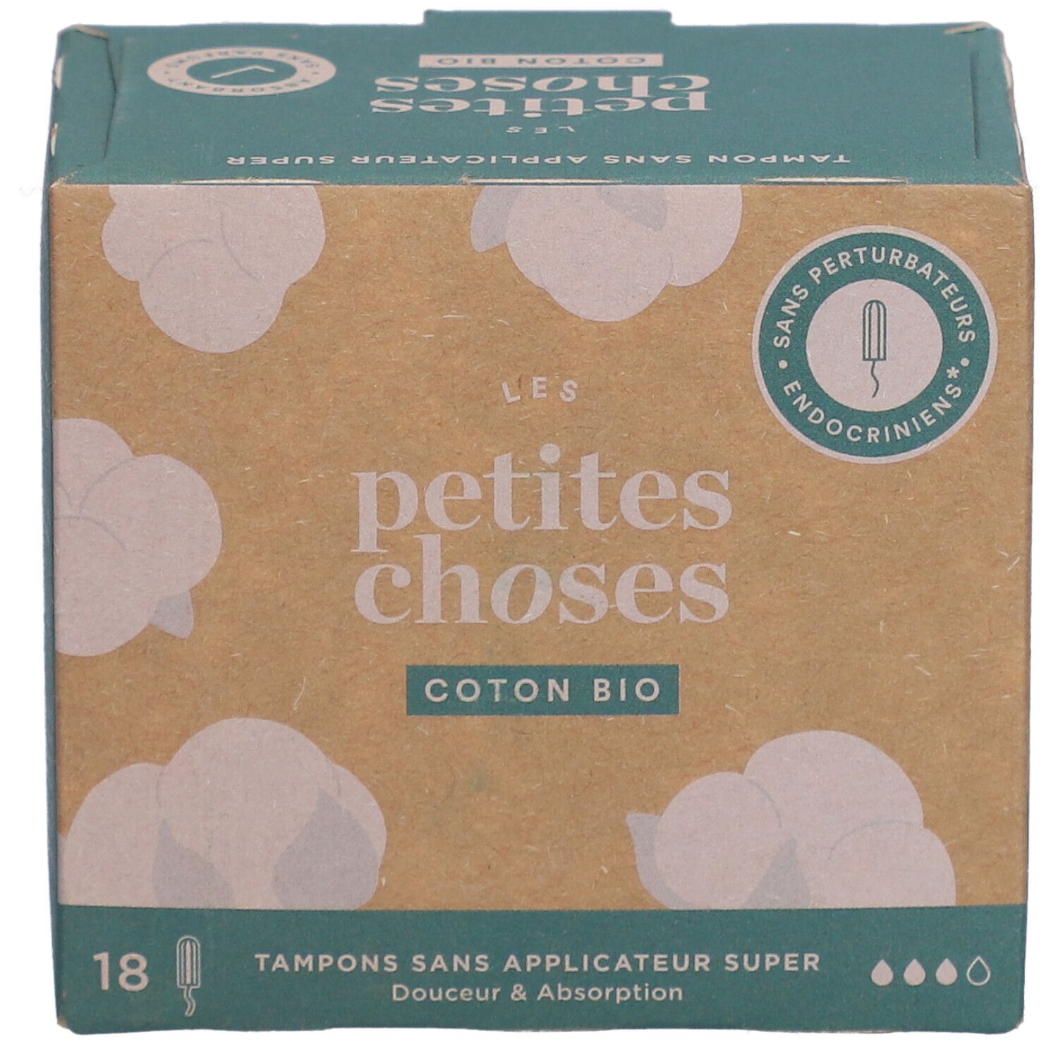 Boîte de tampons. Inscriptions: LES PETITES CHOSES, COTON BIO, 18 tampons. Illustrations de coton et informations produit.