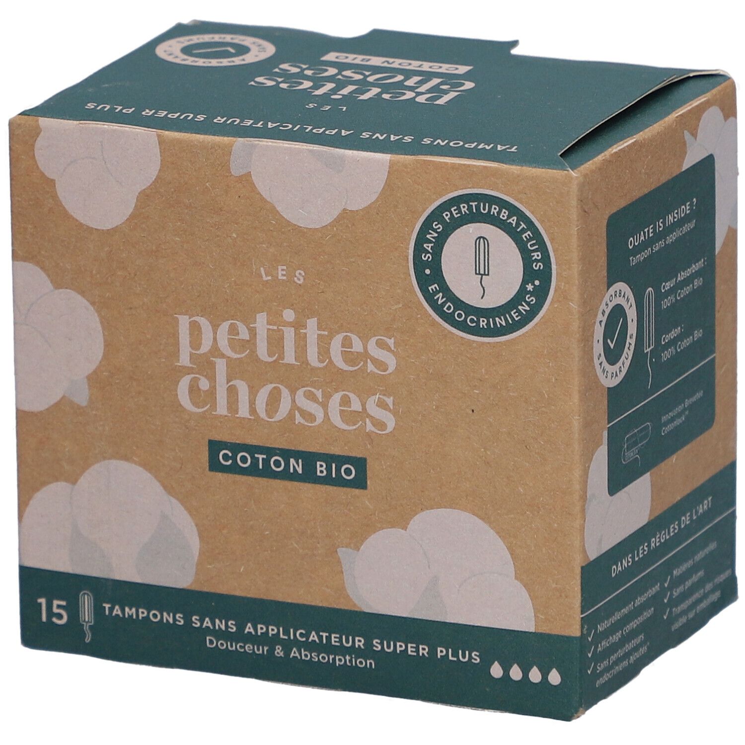 Doosje tampons zonder applicator. Opschrift: LES PETITES CHOSES, COTON BIO, 15 stuks. Super Plus. Zonder hormoonverstoorders.