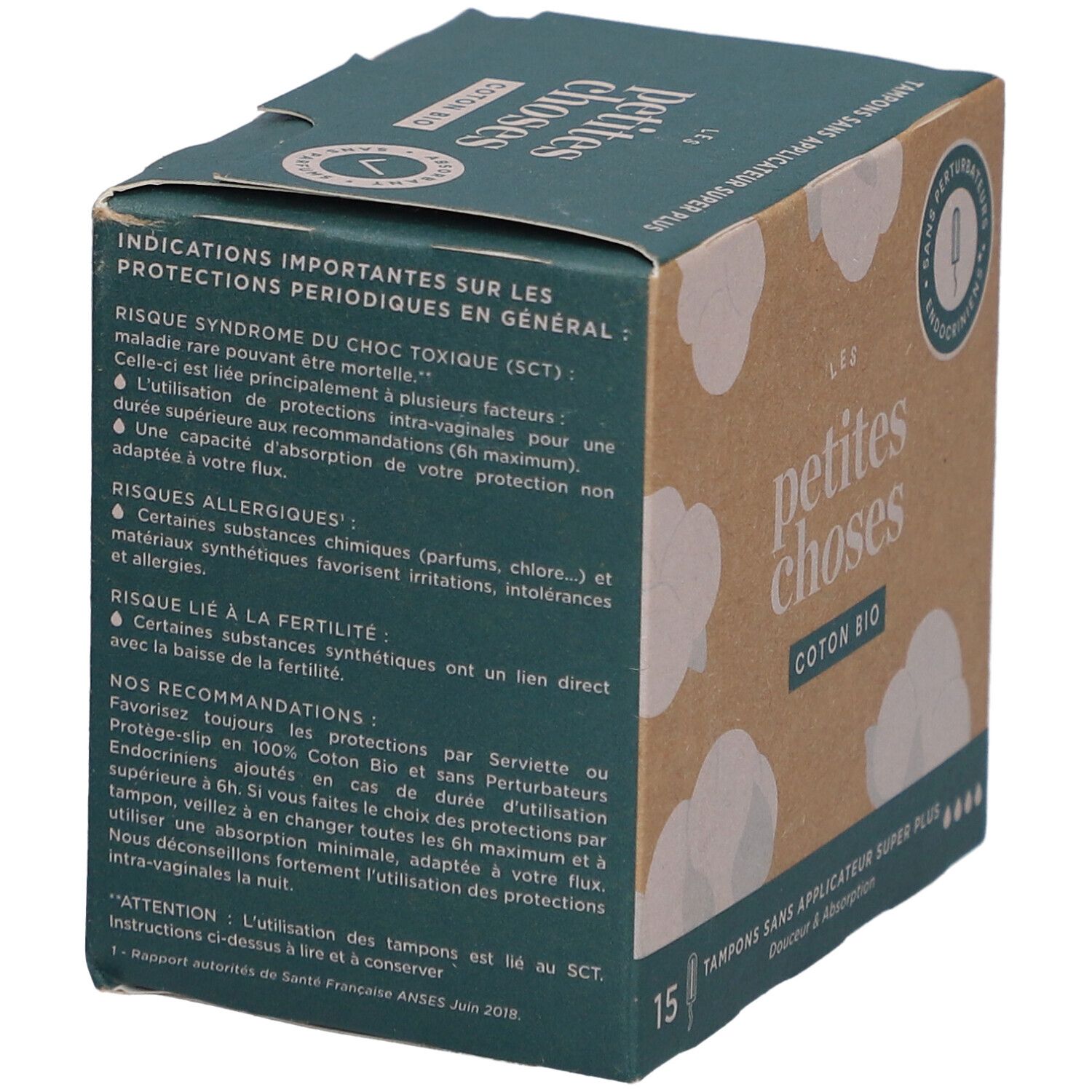 Doosje tampons. Opschrift: LES PETITES CHOSES, COTON BIO, 15 stuks. Waarschuwingen over toxische shocksyndroom en allergieën.