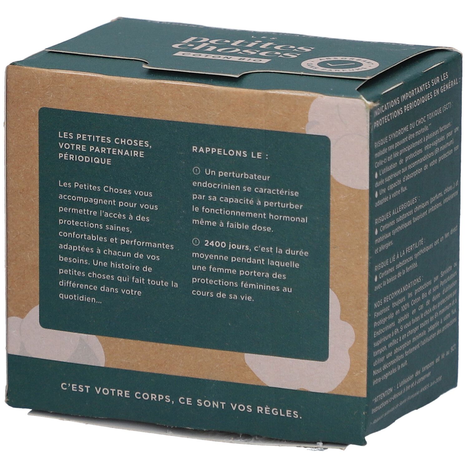 Doosje tampons. Opschrift: LES PETITES CHOSES, COTON BIO. Tekst over het gebruik van tampons en de menstruatie.