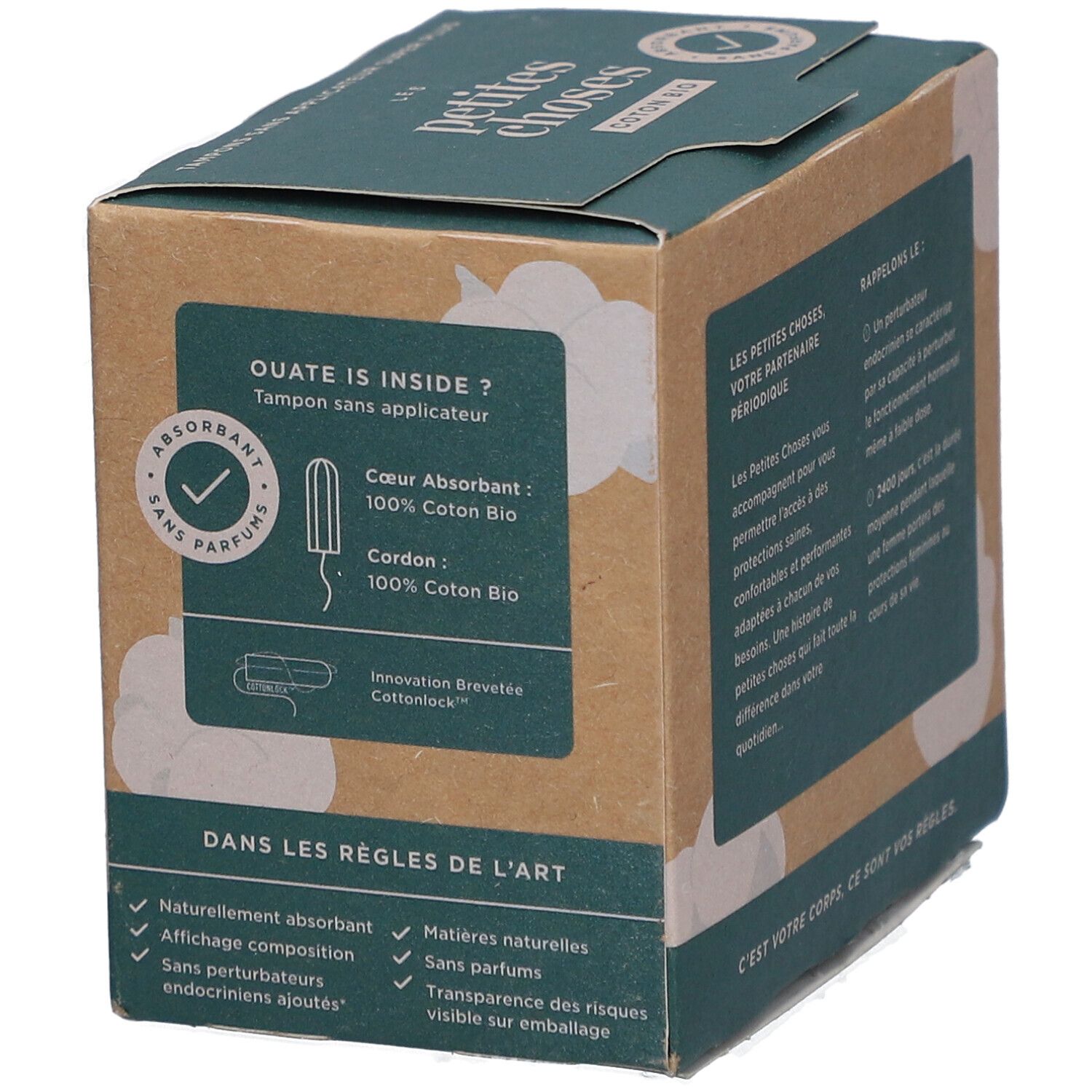 Doosje tampons. Opschrift: LES PETITES CHOSES, COTON BIO. Informatie over de samenstelling en certificeringen.