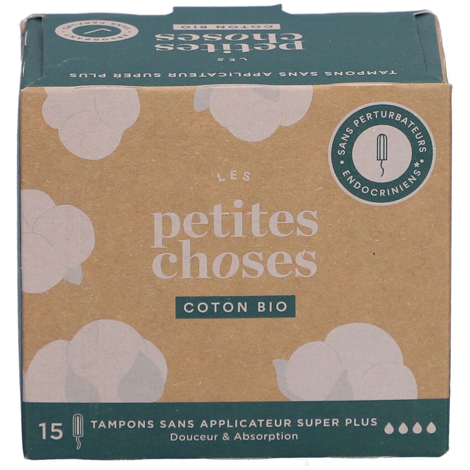 Doosje tampons zonder applicator. Opschrift: LES PETITES CHOSES, COTON BIO, 15 stuks. Super Plus. Zonder hormoonverstoorders.