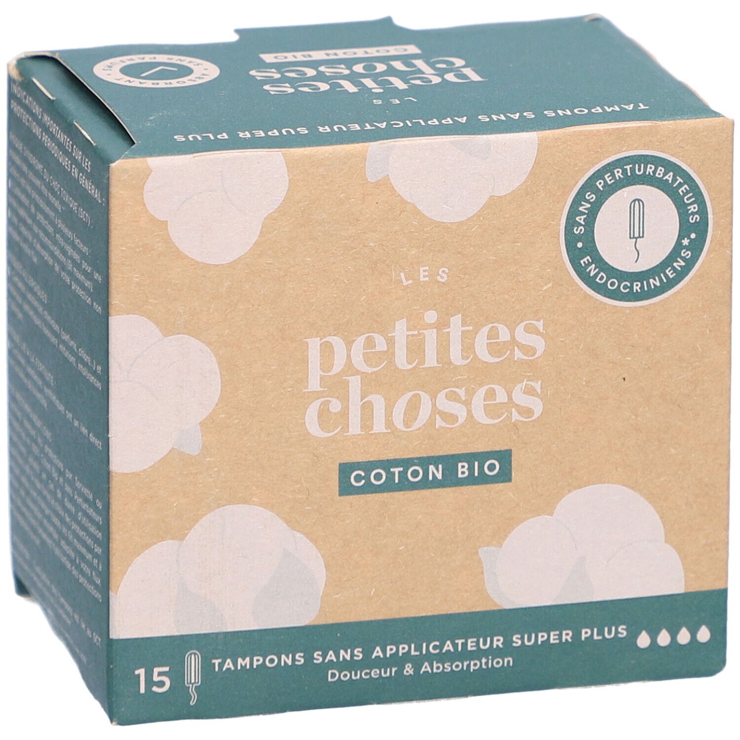 Doosje tampons zonder applicator. Opschrift: LES PETITES CHOSES, COTON BIO, 15 stuks. Super Plus. Zonder hormoonverstoorders.