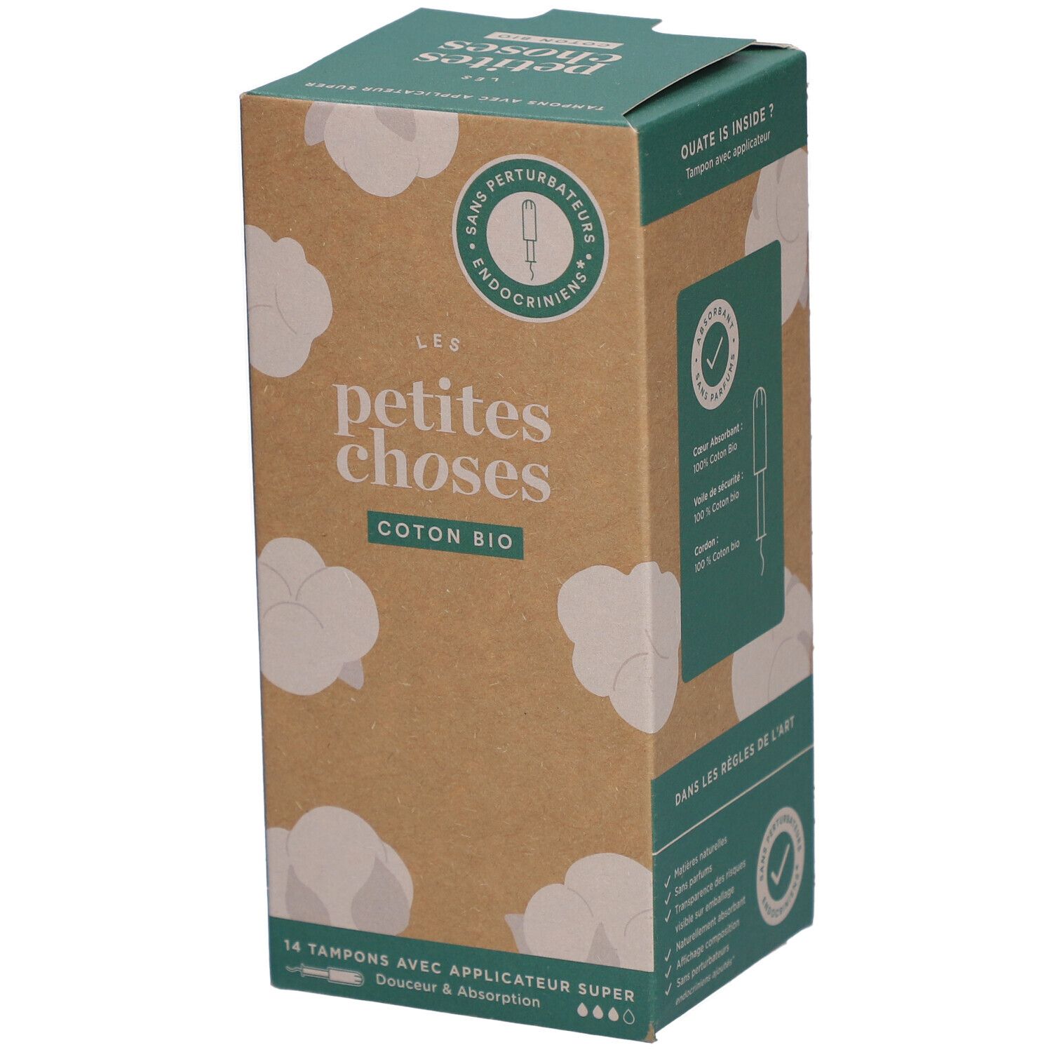 Boîte de tampons LES PETITES CHOSES Coton Bio. 14 tampons avec applicateur Super. Certifications et informations produit.