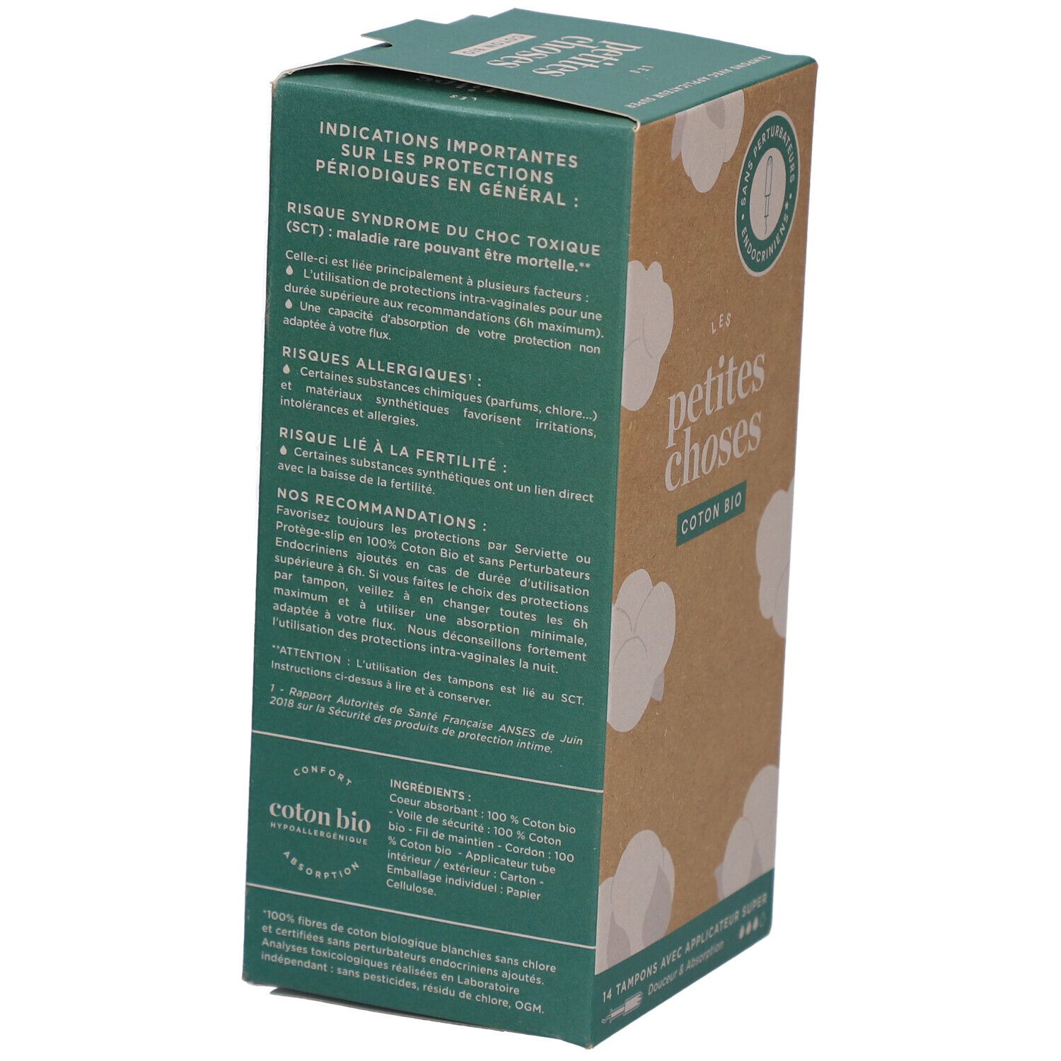 Dos de la boîte avec texte. LES PETITES CHOSES, Coton Bio. Ingrédients, risques et recommandations.